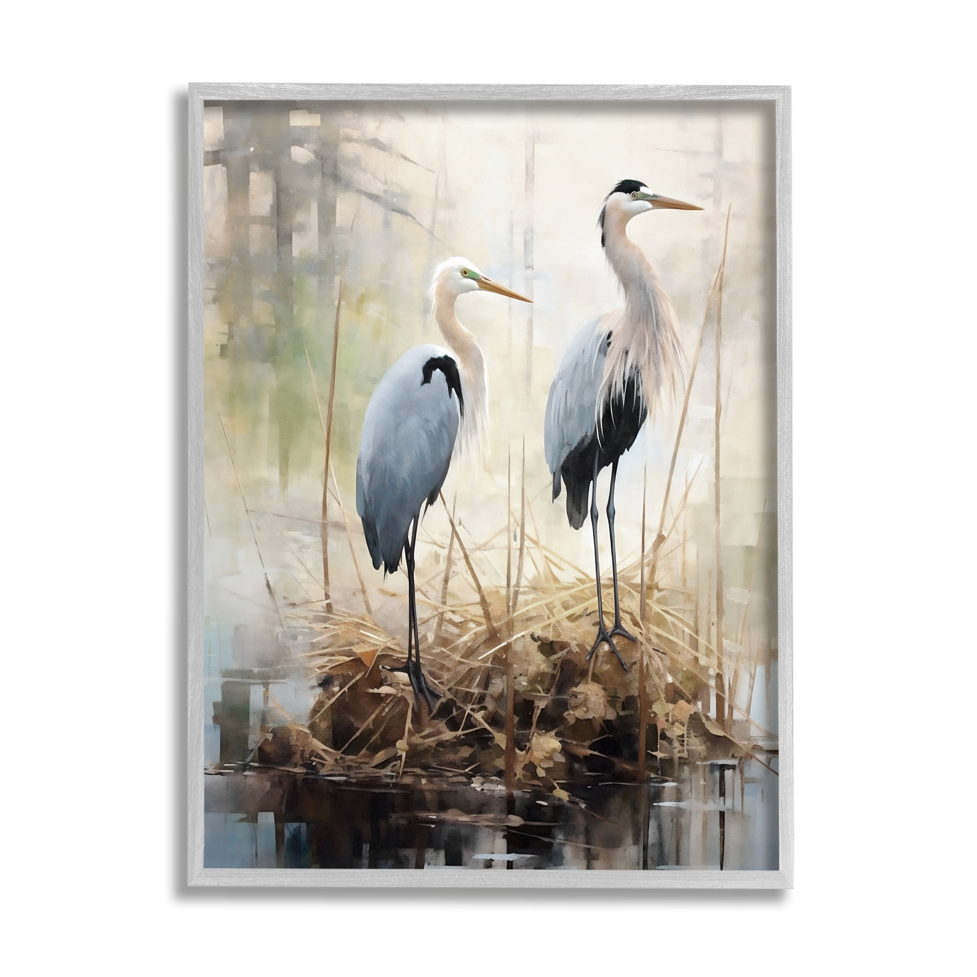 Stupell Industries Cranes in Pond Nature Animals & Insects Painting Gray Framed Art Print Wall Art, 11 x 14