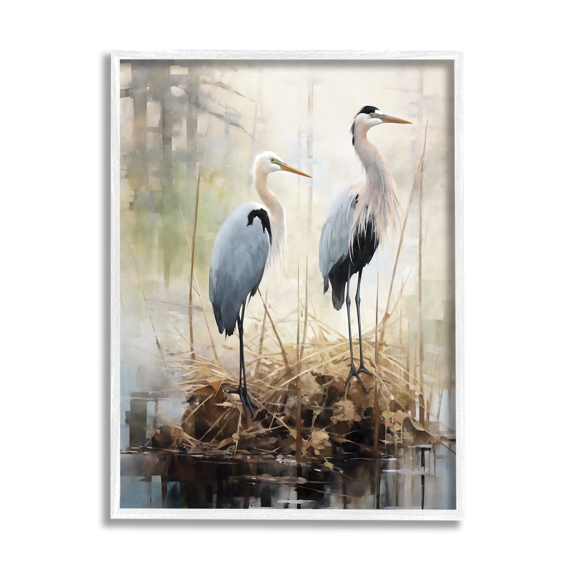 Stupell Industries Cranes in Pond Nature Animals & Insects Painting White Framed Art Print Wall Art, 16 x 20
