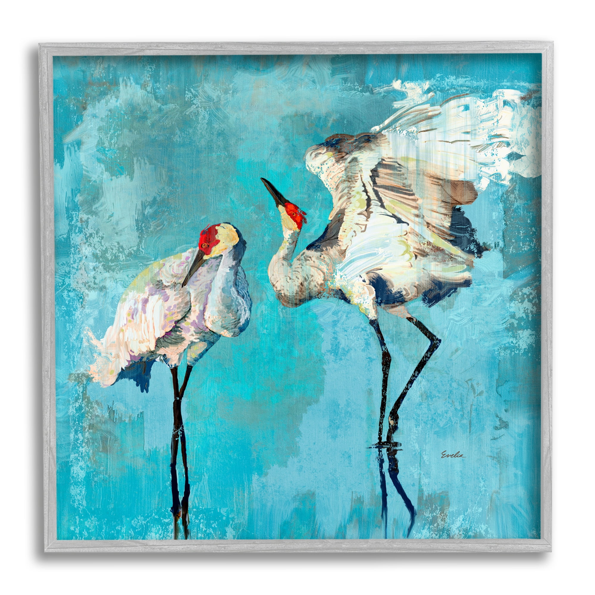 Stupell Industries Cranes on Blue Abstract Animals & Insects Painting Gray Framed Art Print Wall Art, 17 x 17