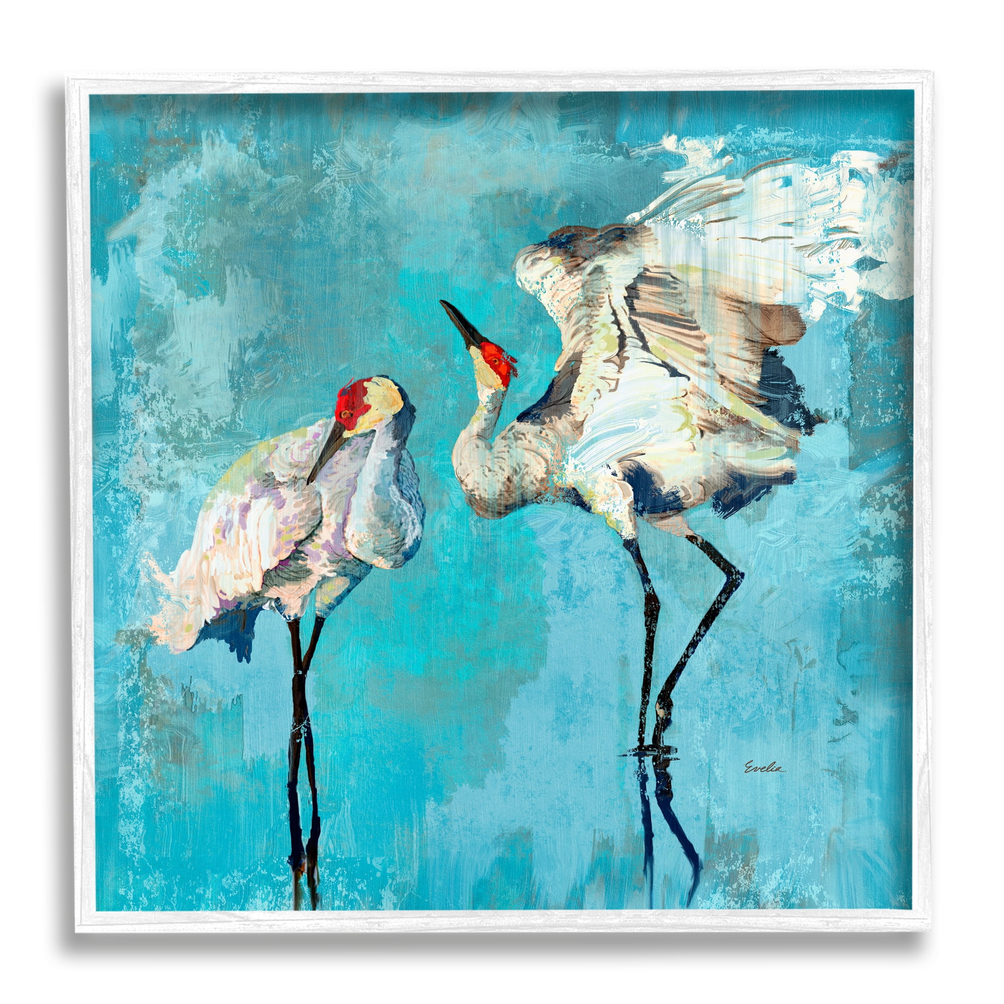 Stupell Industries Cranes on Blue Abstract Animals & Insects Painting White Framed Art Print Wall Art, 24 x 24
