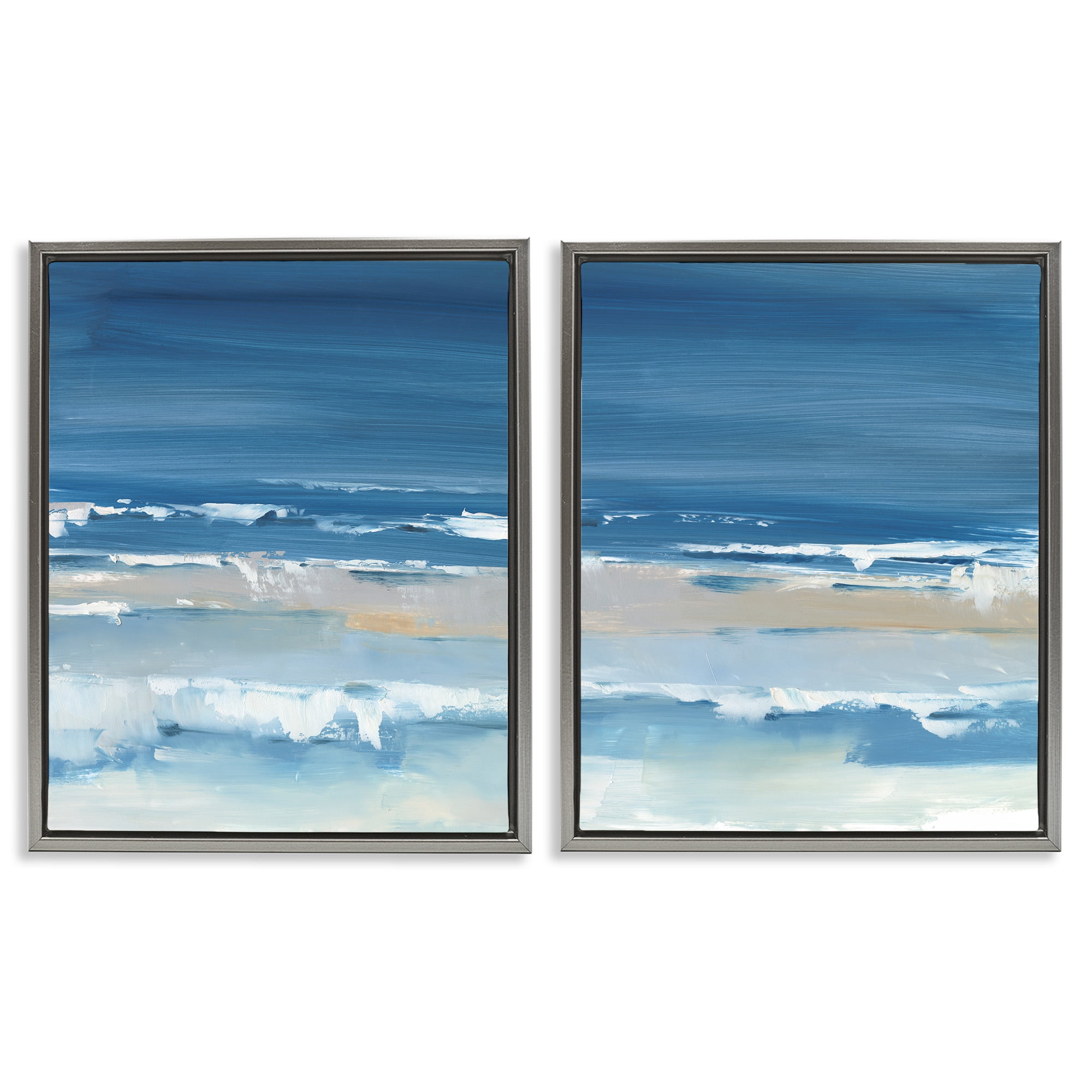 Stupell Industries Crashing Beach Wave Shore Nature Painting Gray Floater Framed Canvas Art Print Wall Art, 17 x 21, Set of 2
