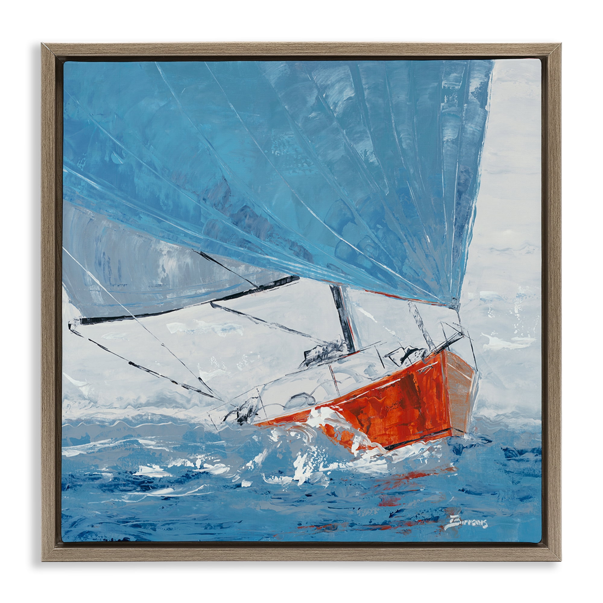 Stupell Industries Crashing Waves Against Boat Nautical & Beach Painting Brown Floater Framed Canvas Art Print Wall Art, 18 x 18