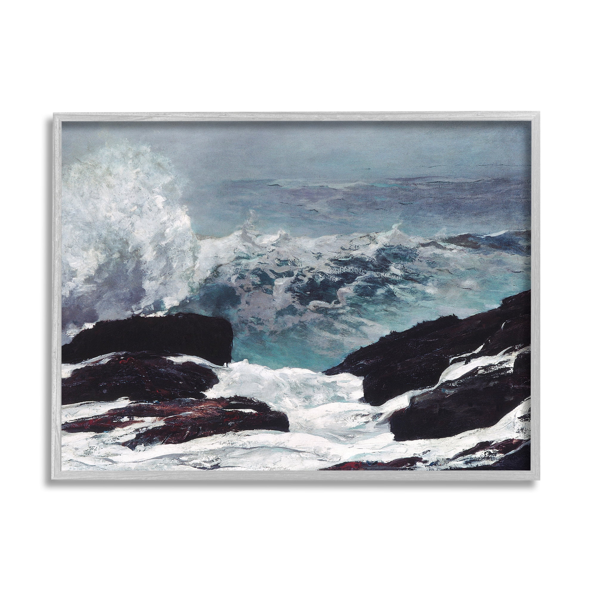 Stupell Industries Crashing Waves Ocean Rocks Cliffs Rough Waters Painting Gray Framed Art Print Wall Art, Design by Lettered and Lined