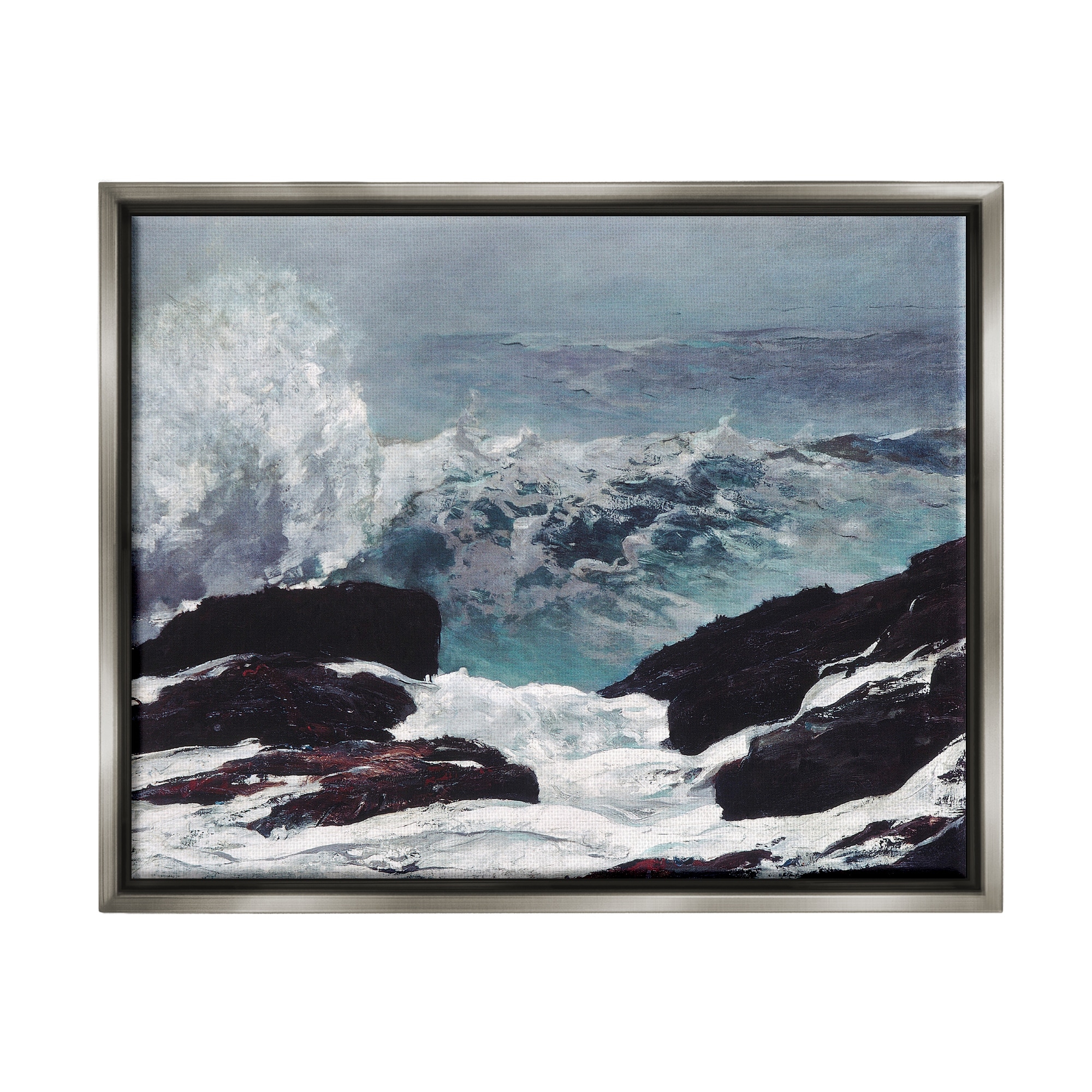 Stupell Industries Crashing Waves Ocean Rocks Cliffs Rough Waters Painting Luster Gray Floating Framed Canvas Print Wall Art, Design by Lettered and Lined