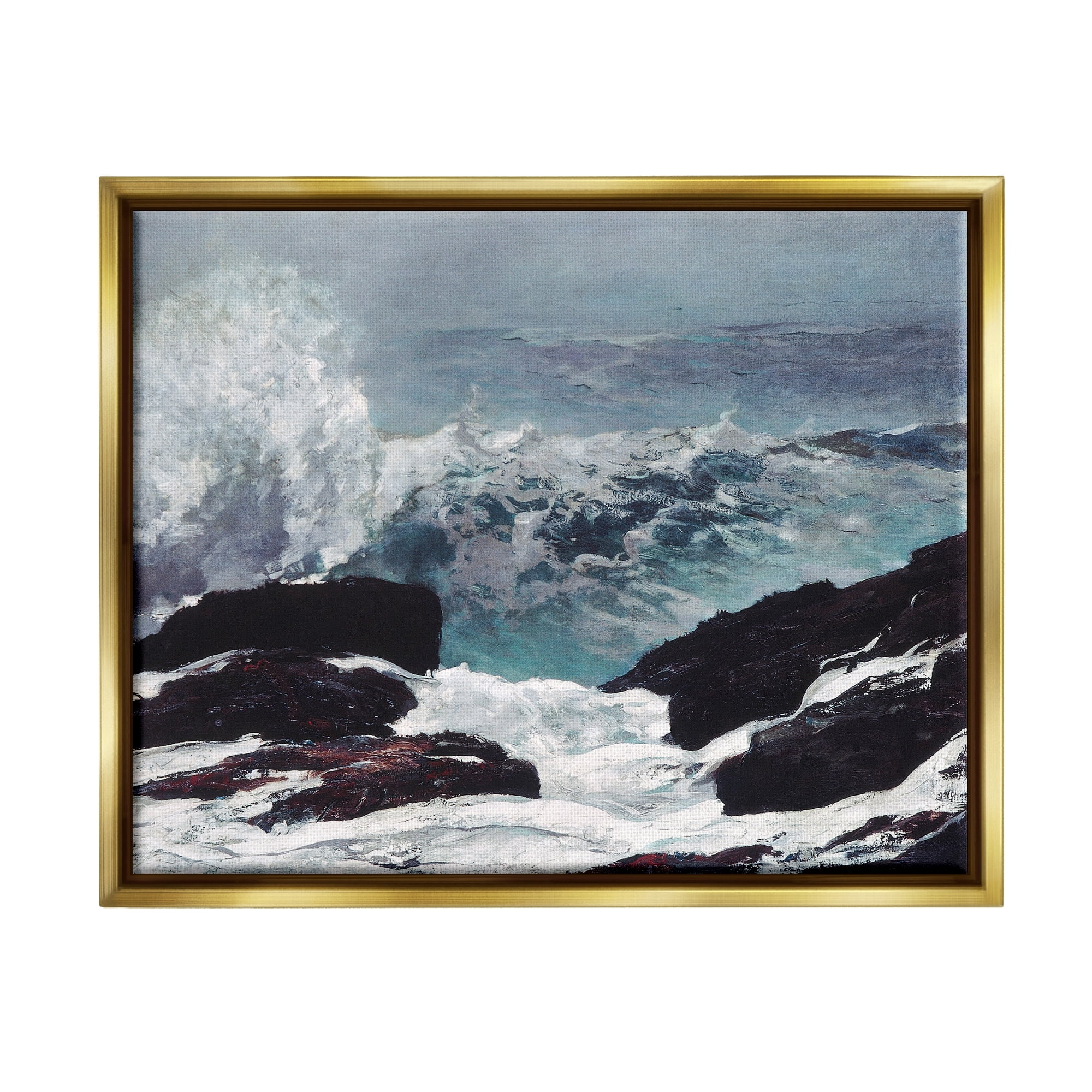Stupell Industries Crashing Waves Ocean Rocks Cliffs Rough Waters Painting Metallic Gold Floating Framed Canvas Print Wall Art, Design by Lettered and Lined