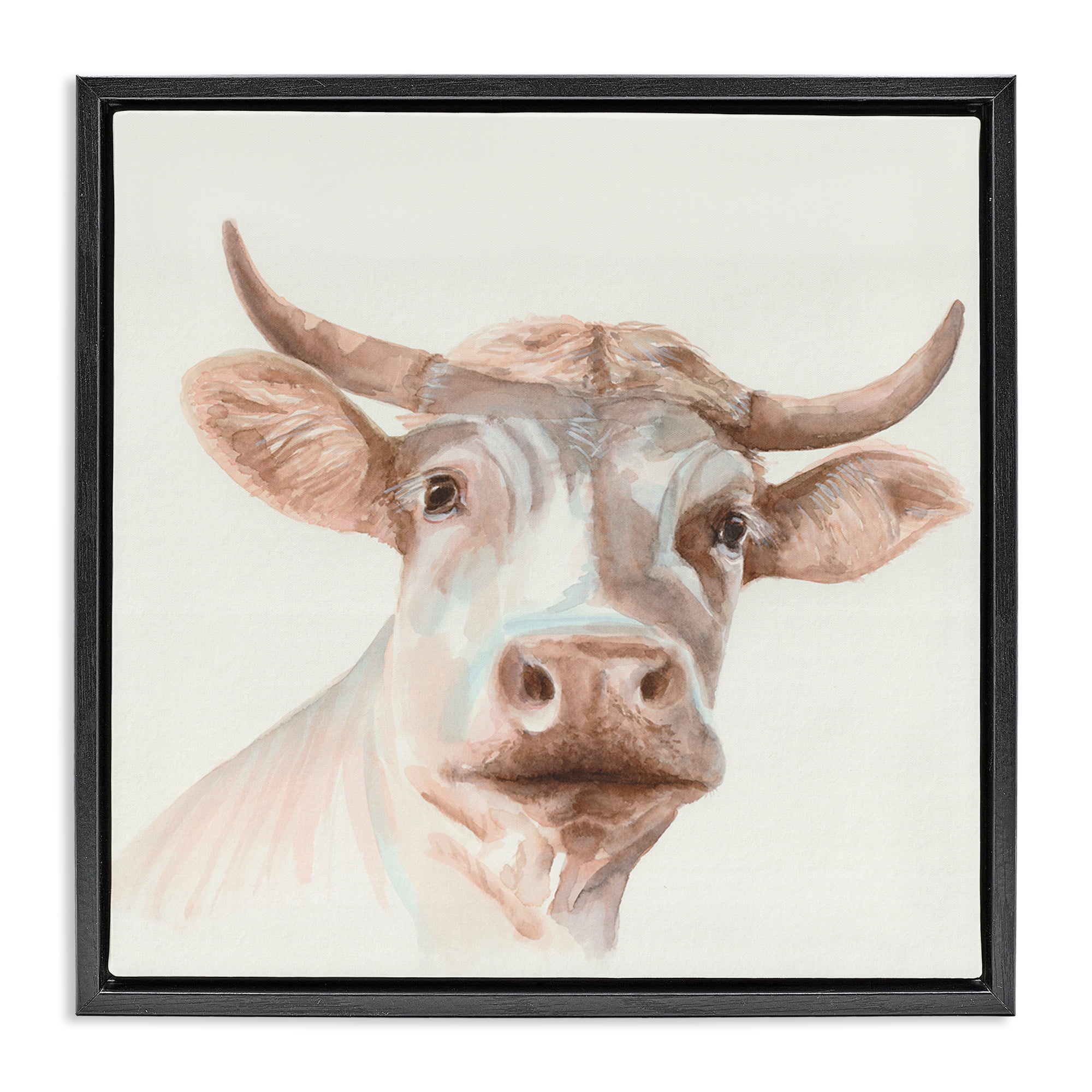 Stupell Industries Cream Beige Cow Animals Painting Black Floater Framed Canvas Art Print Wall Art, 25 x 25