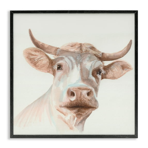 Stupell Industries Cream Beige Cow Animals Painting Black Framed Art Print Wall Art, 12 x 12