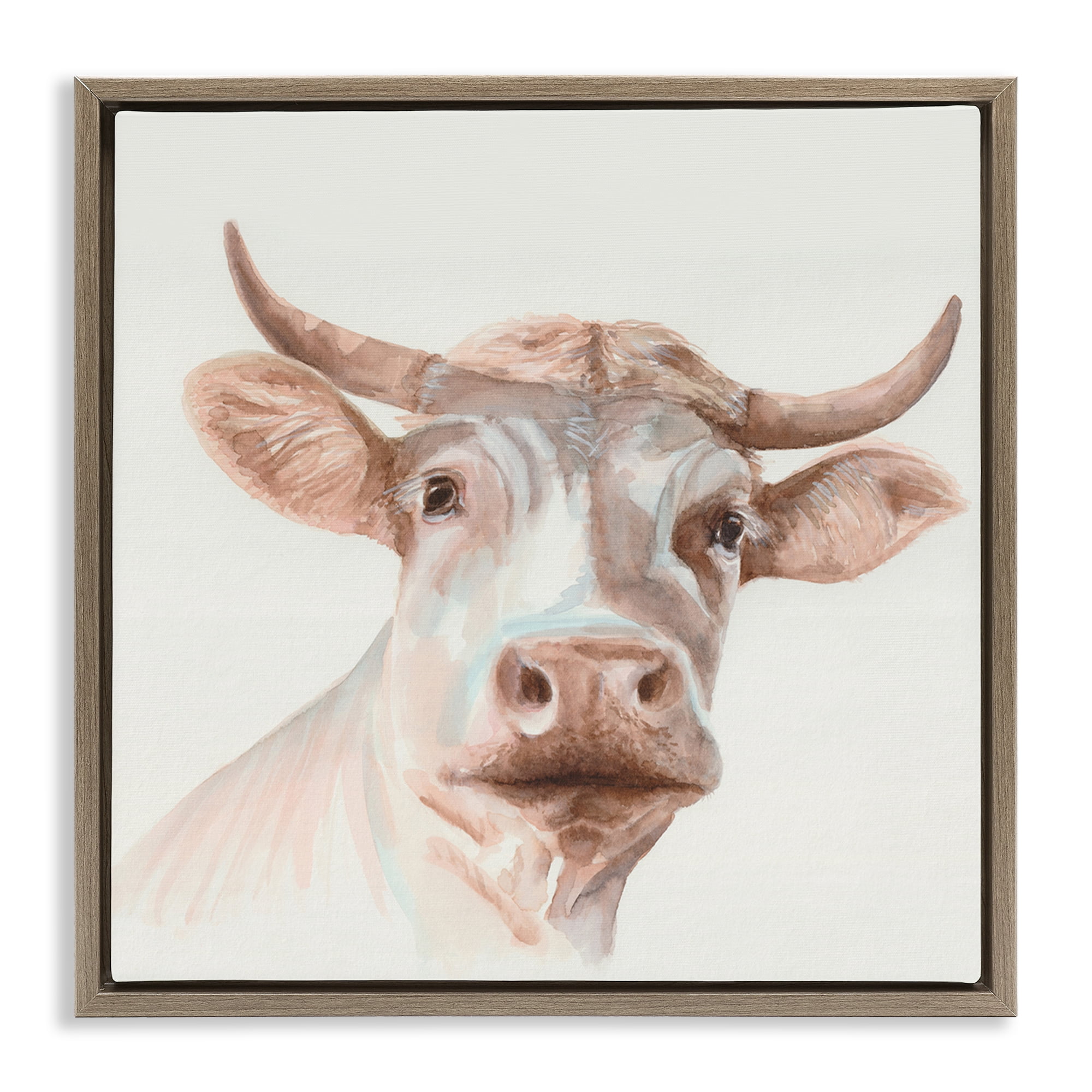 Stupell Industries Cream Beige Cow Animals Painting Brown Floater Framed Canvas Art Print Wall Art, 18 x 18