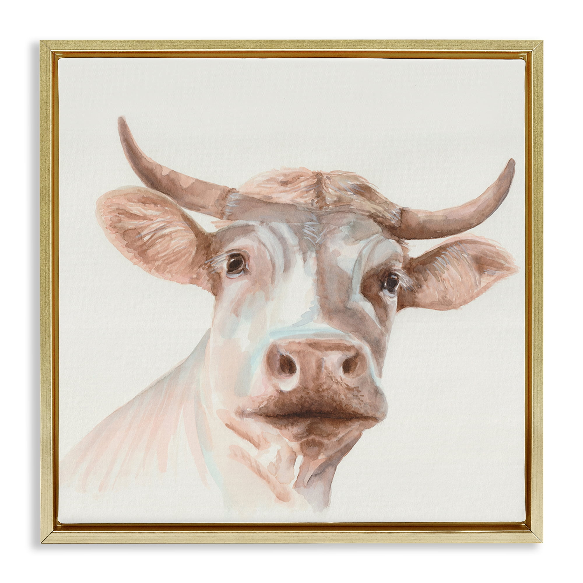 Stupell Industries Cream Beige Cow Animals Painting Gold Floater Framed Canvas Art Print Wall Art, 25 x 25