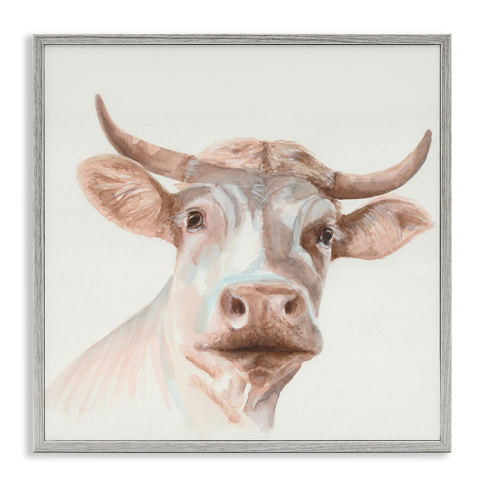 Stupell Industries Cream Beige Cow Animals Painting Gray Framed Art Print Wall Art, 12 x 12