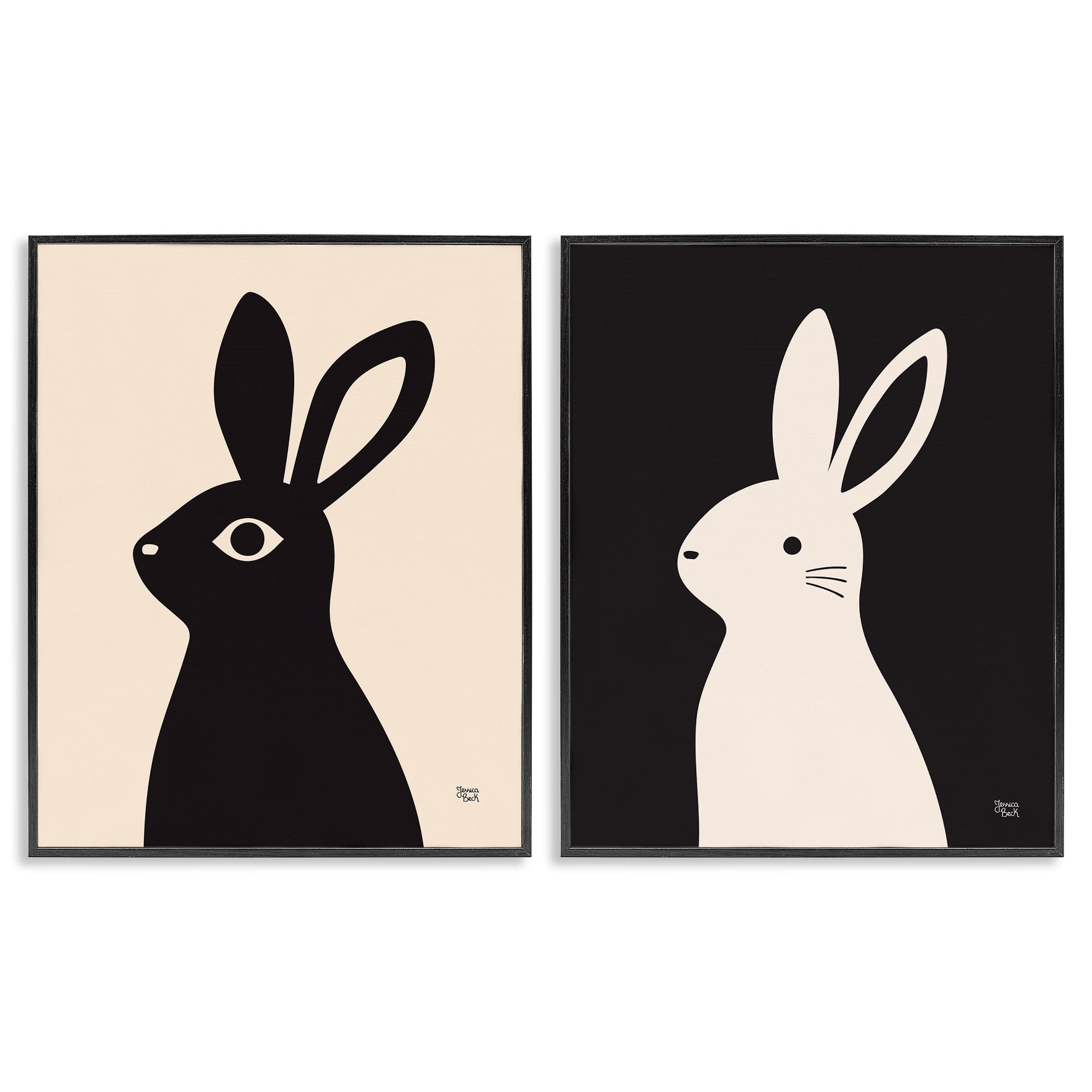 Stupell Industries Cream & Black Rabbits Animals Painting Black Framed Art Print Wall Art, 16 x 20, Set of 2