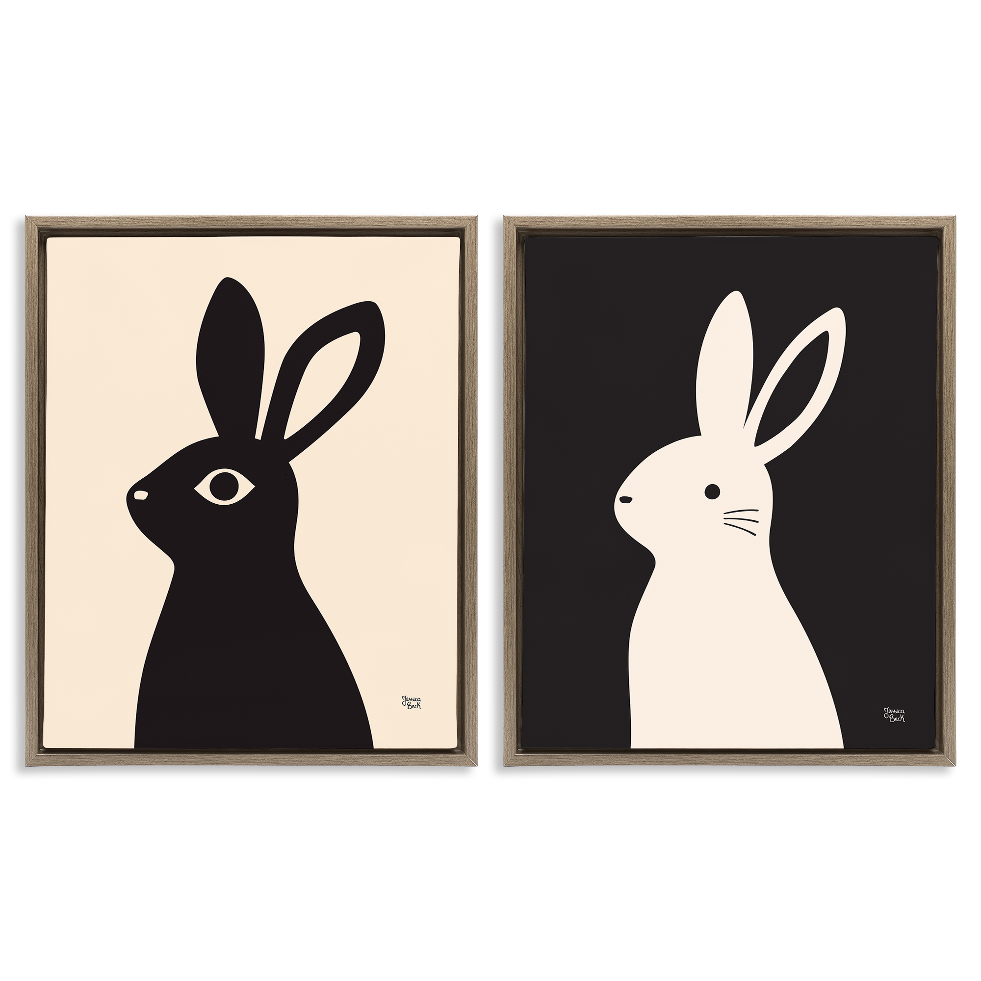 Stupell Industries Cream & Black Rabbits Animals Painting Brown Floater Framed Canvas Art Print Wall Art, 17 x 21, Set of 2
