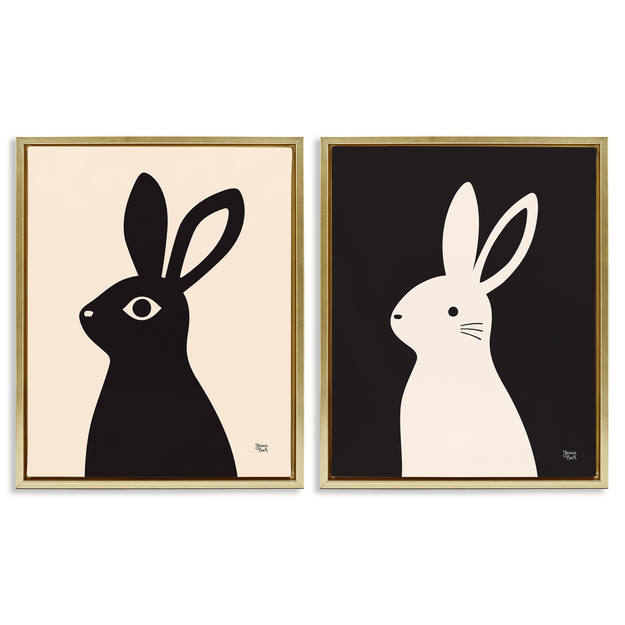 Stupell Industries Cream & Black Rabbits Animals Painting Gold Floater Framed Canvas Art Print Wall Art, 31 x 25, Set of 2
