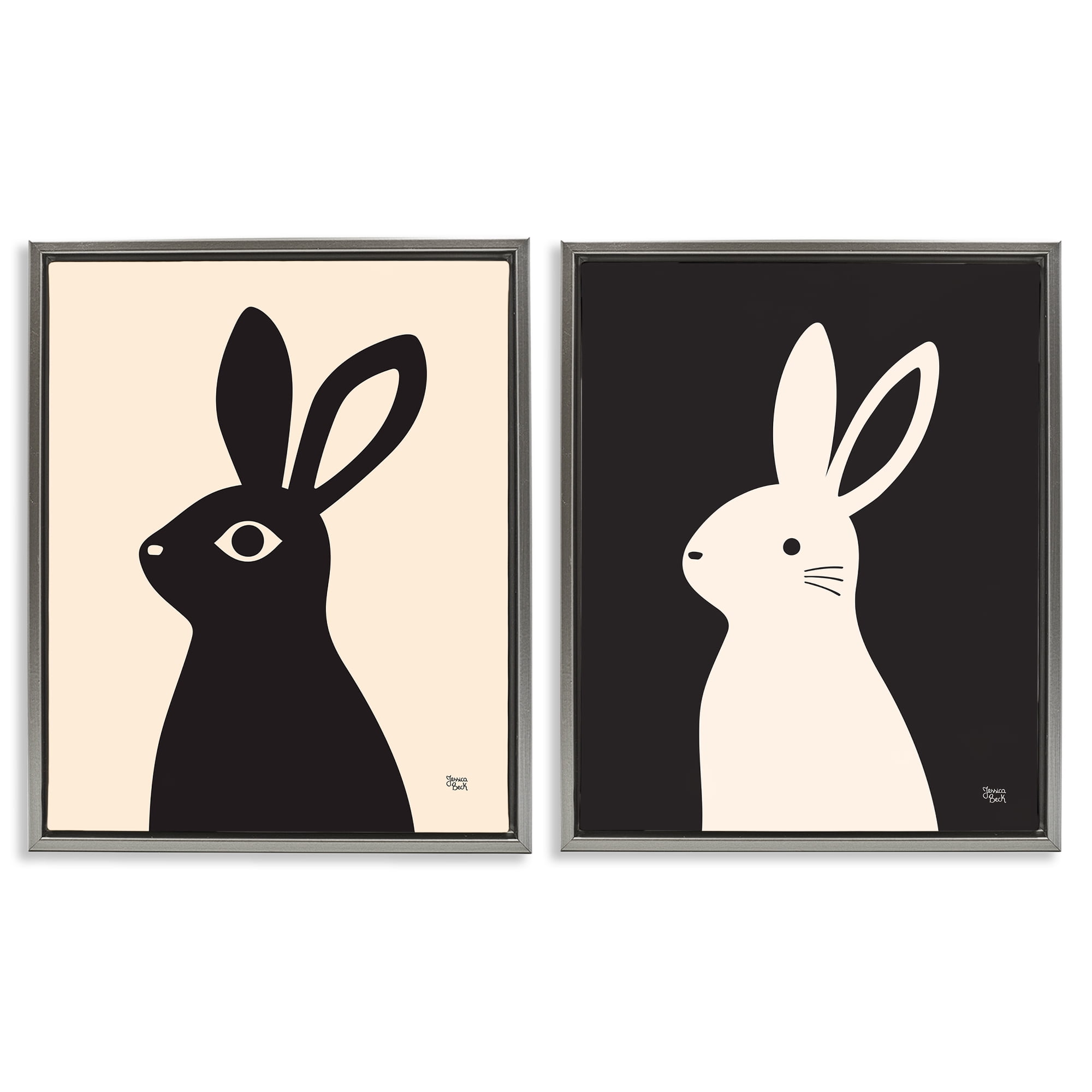 Stupell Industries Cream & Black Rabbits Animals Painting Gray Floater Framed Canvas Art Print Wall Art, 17 x 21, Set of 2