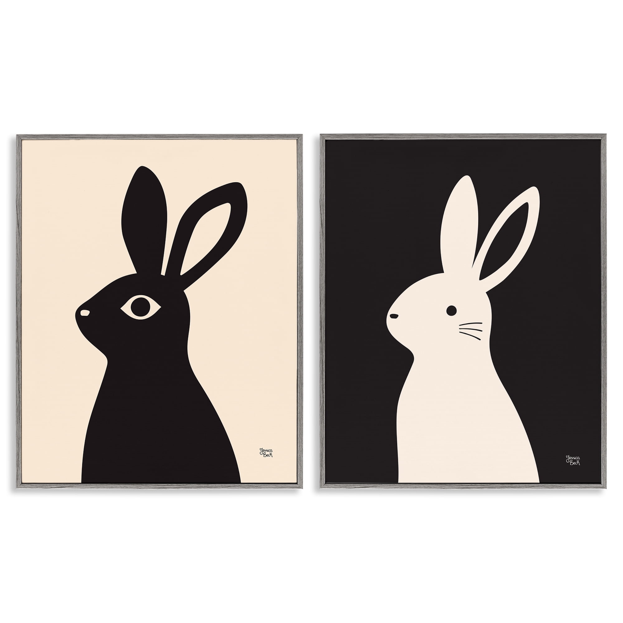 Stupell Industries Cream & Black Rabbits Animals Painting Gray Framed Art Print Wall Art, 11 x 14, Set of 2