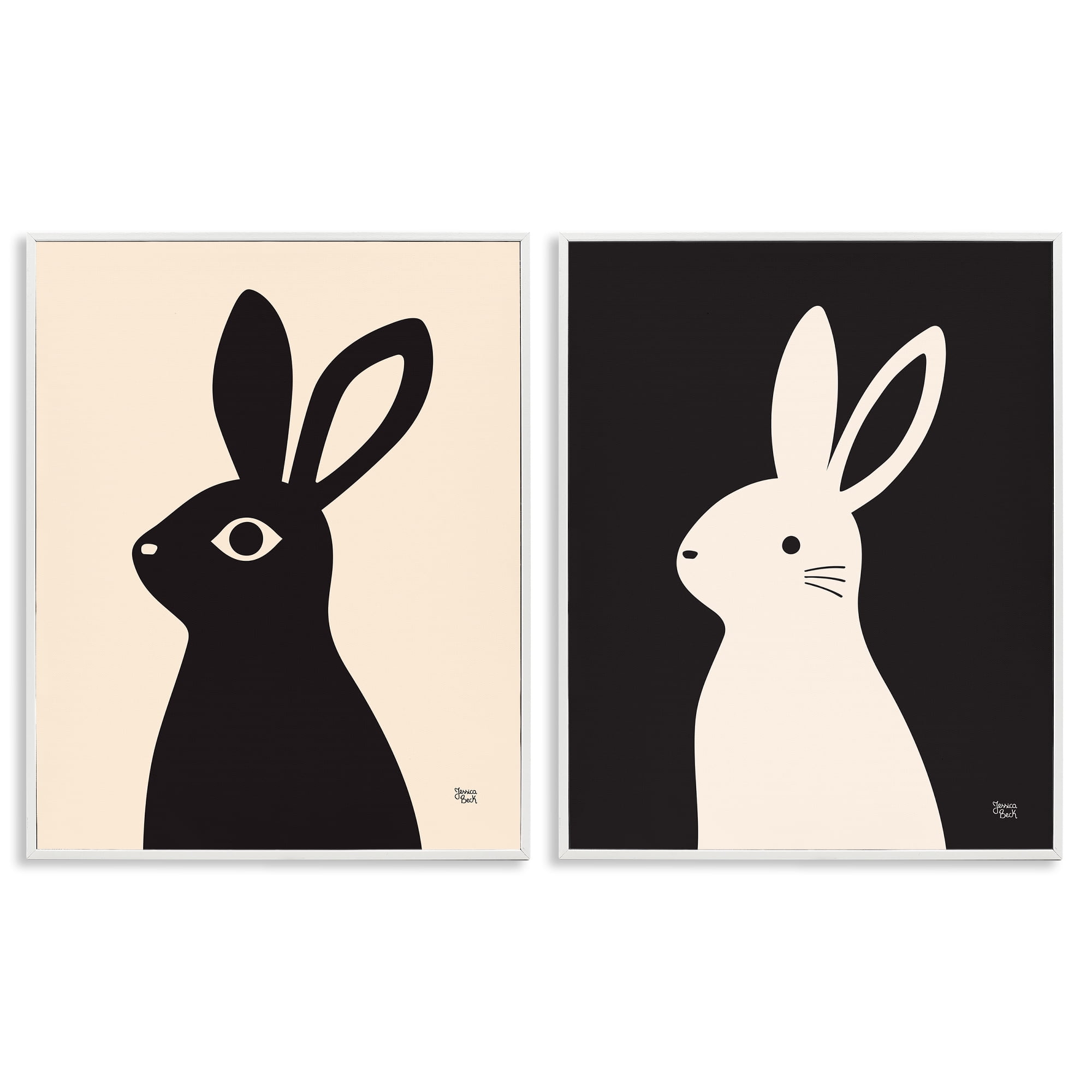Stupell Industries Cream & Black Rabbits Animals Painting White Framed Art Print Wall Art, 11 x 14, Set of 2