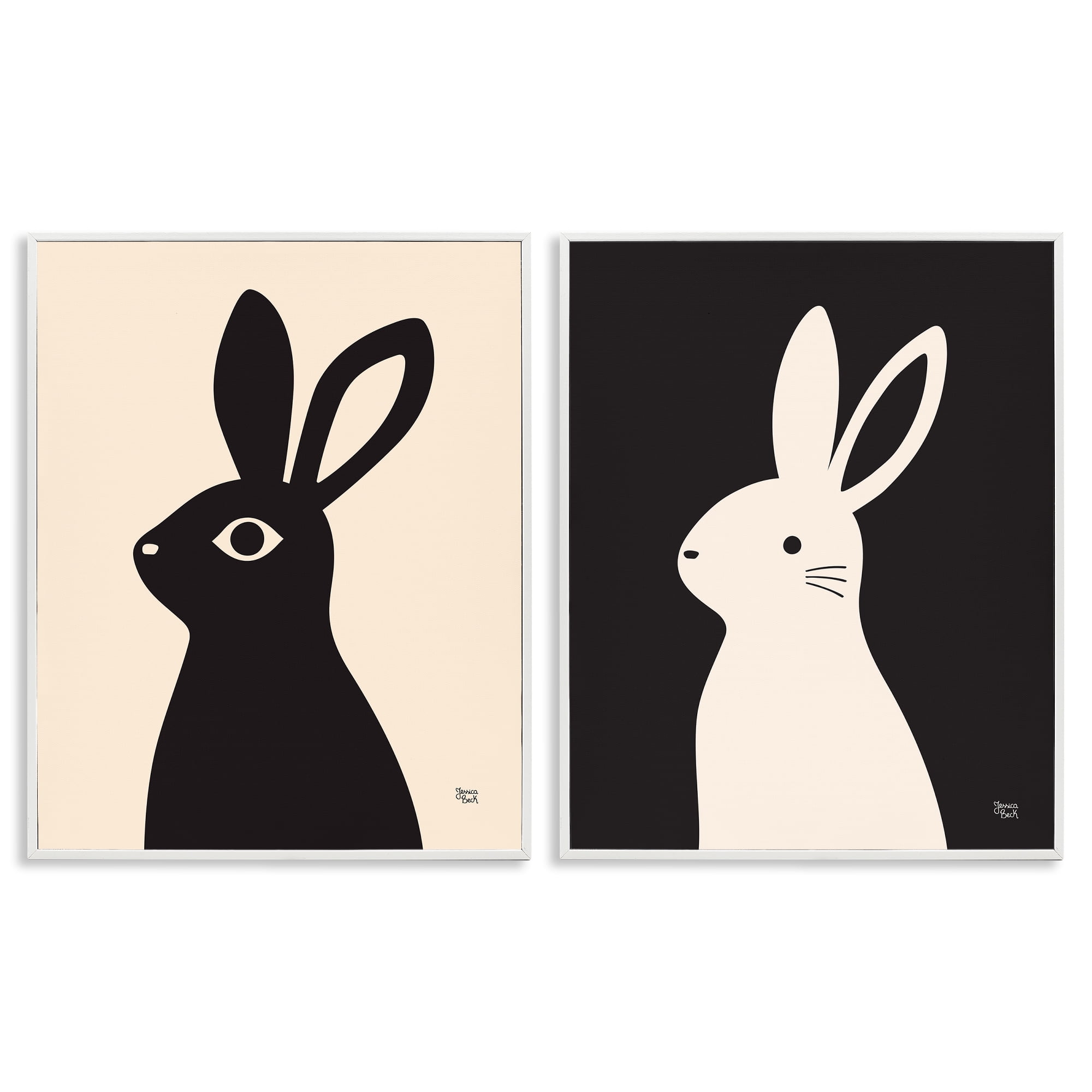 Stupell Industries Cream & Black Rabbits Animals Painting White Framed Art Print Wall Art, 16 x 20, Set of 2