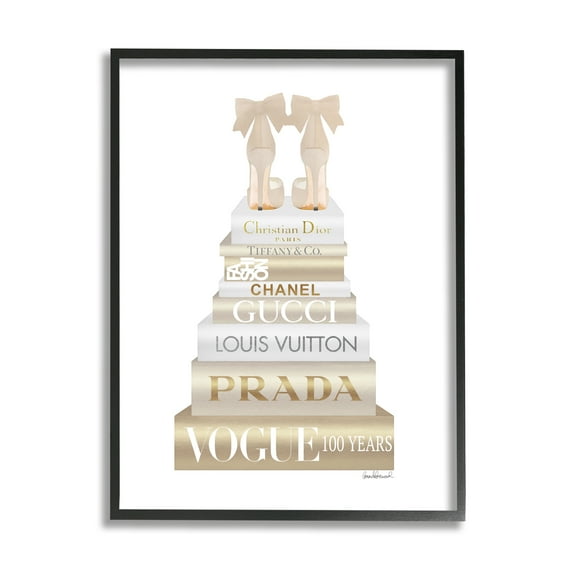 Stupell Industries Cream Bow Heels High Fashion Glam Bookstack Beauty & Fashion Painting Black Framed Art Print Wall Art, 11 x 14