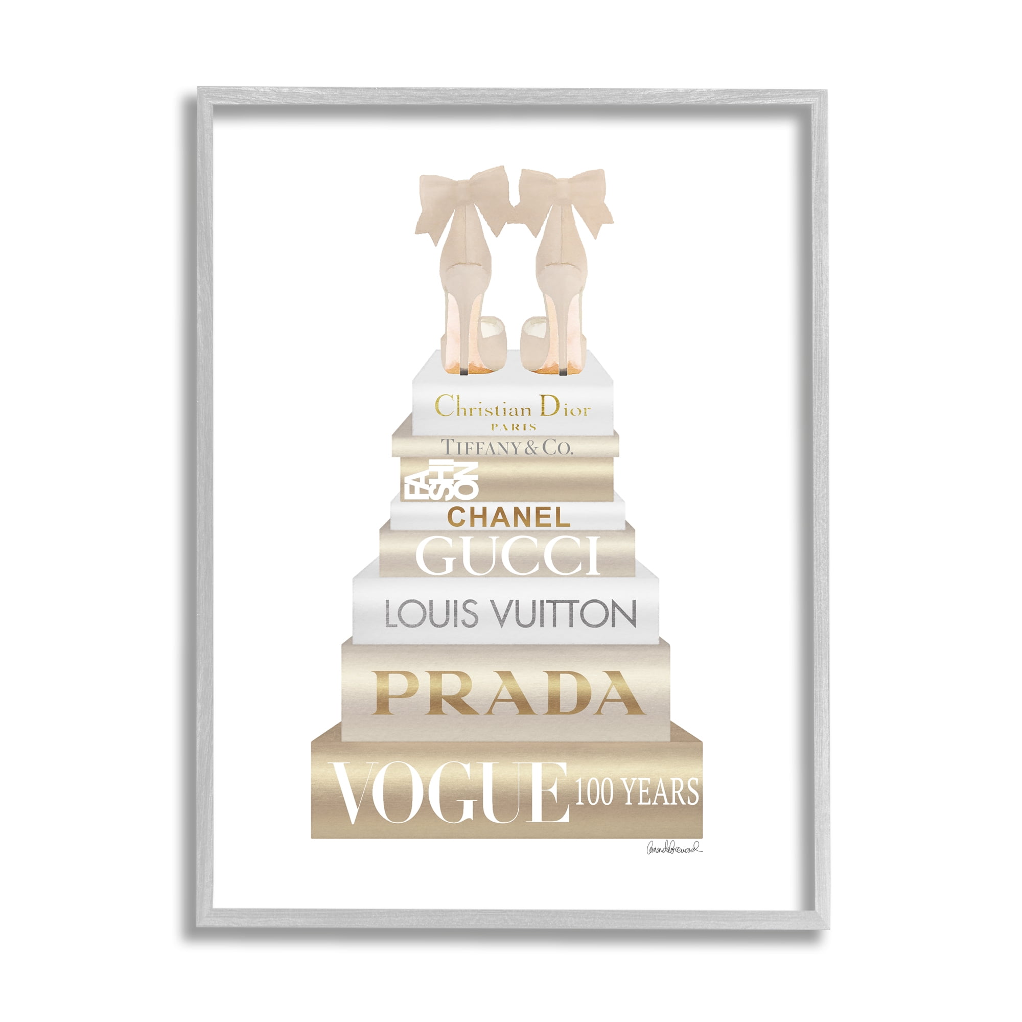 Stupell Industries Cream Bow Heels High Fashion Glam Bookstack Beauty & Fashion Painting Gray Framed Art Print Wall Art, 24 x 30