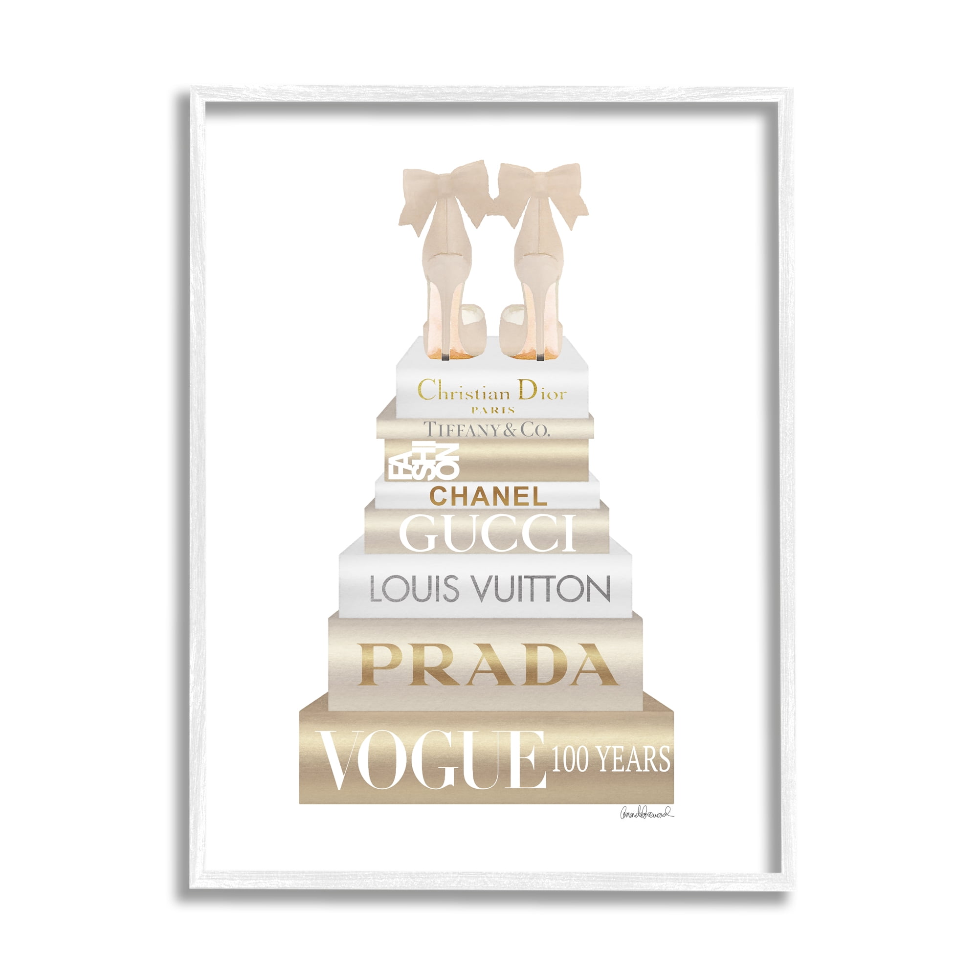 Stupell Industries Cream Bow Heels High Fashion Glam Bookstack Beauty & Fashion Painting White Framed Art Print Wall Art, 11 x 14