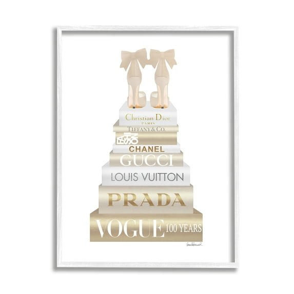 Stupell Industries Cream Bow Heels High Fashion Glam Bookstack Beauty & Fashion Painting White Framed Art Print Wall Art, 16 x 20