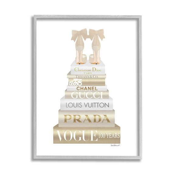 Stupell Industries Cream Bow Heels High Fashion Glam Bookstack Glam Painting Gray Framed Art Print Wall Art, 11 x 14, Design by Amanda Greenwood