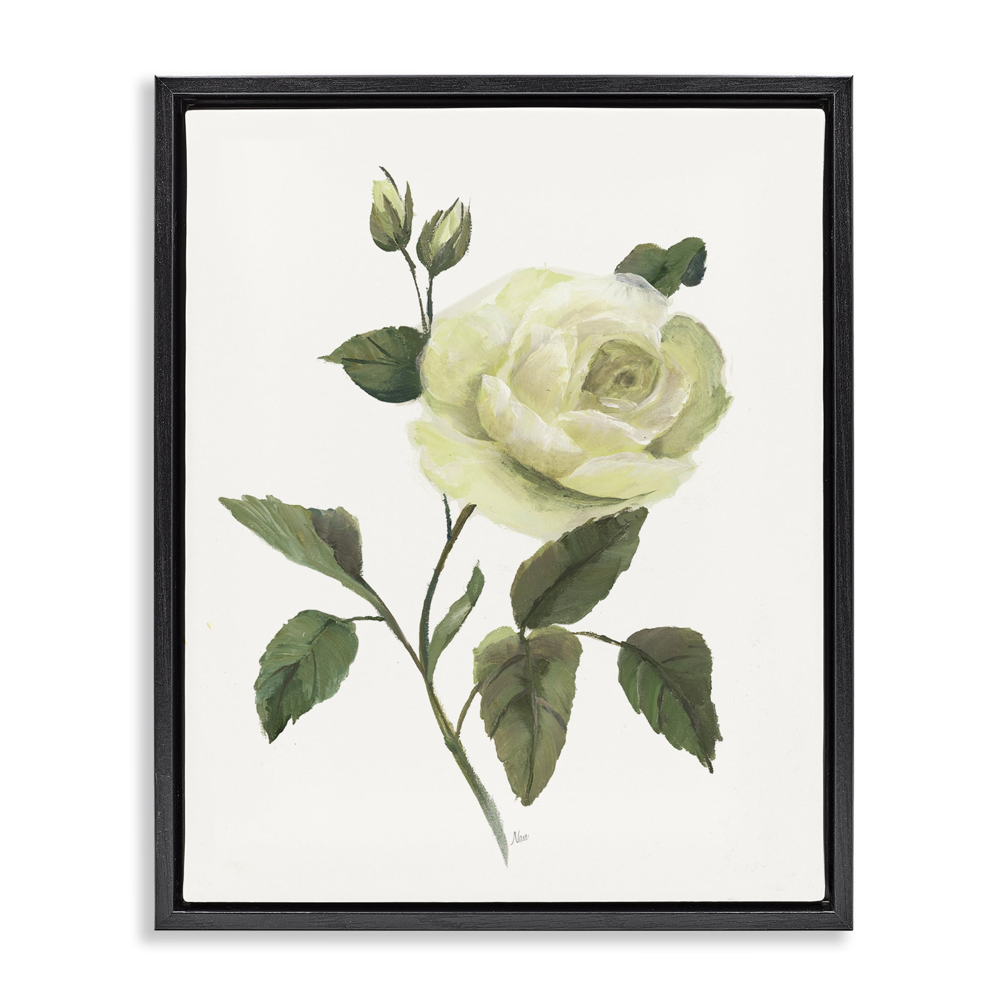 Stupell Industries Cream Garden Rose with Buds Black Framed Floater Canvas Wall Art, design by Nan