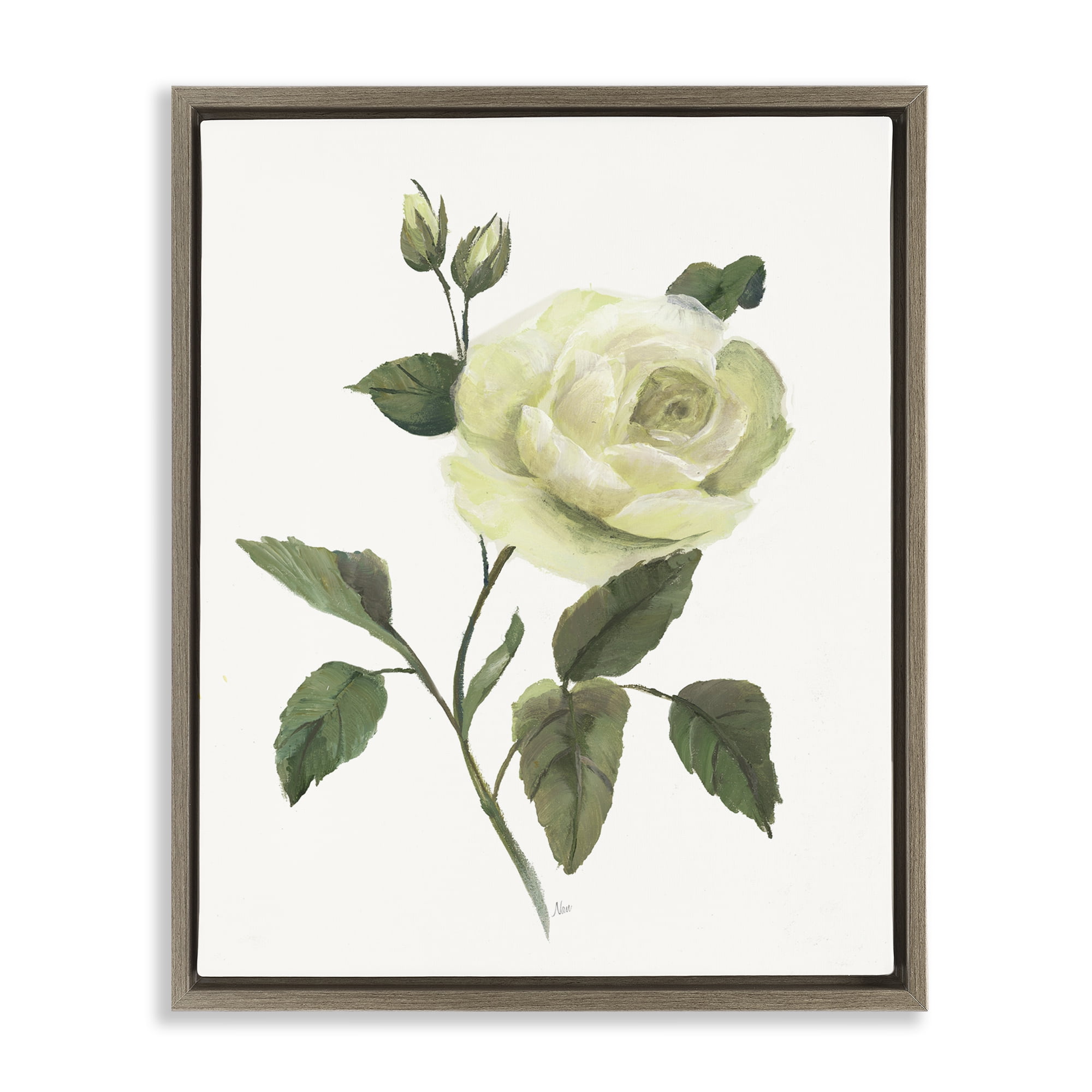 Stupell Industries Cream Garden Rose with Buds Brown Framed Floater Canvas Wall Art, design by Nan