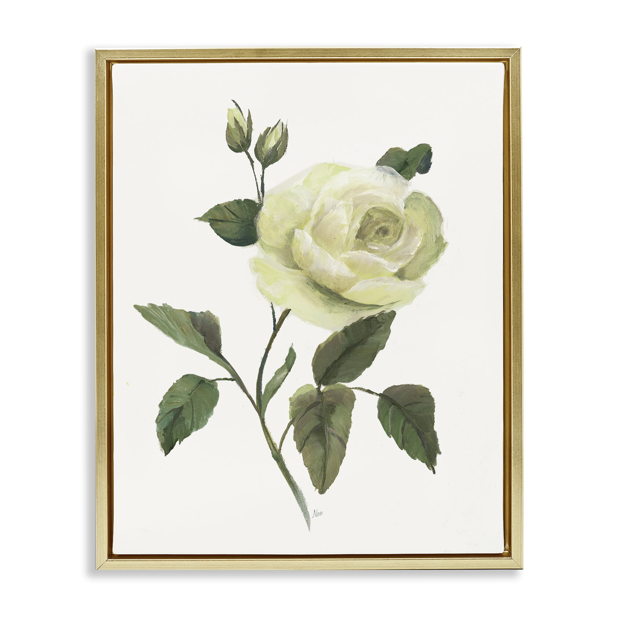 Stupell Industries Cream Garden Rose with Buds Gold Framed Floater Canvas Wall Art, design by Nan