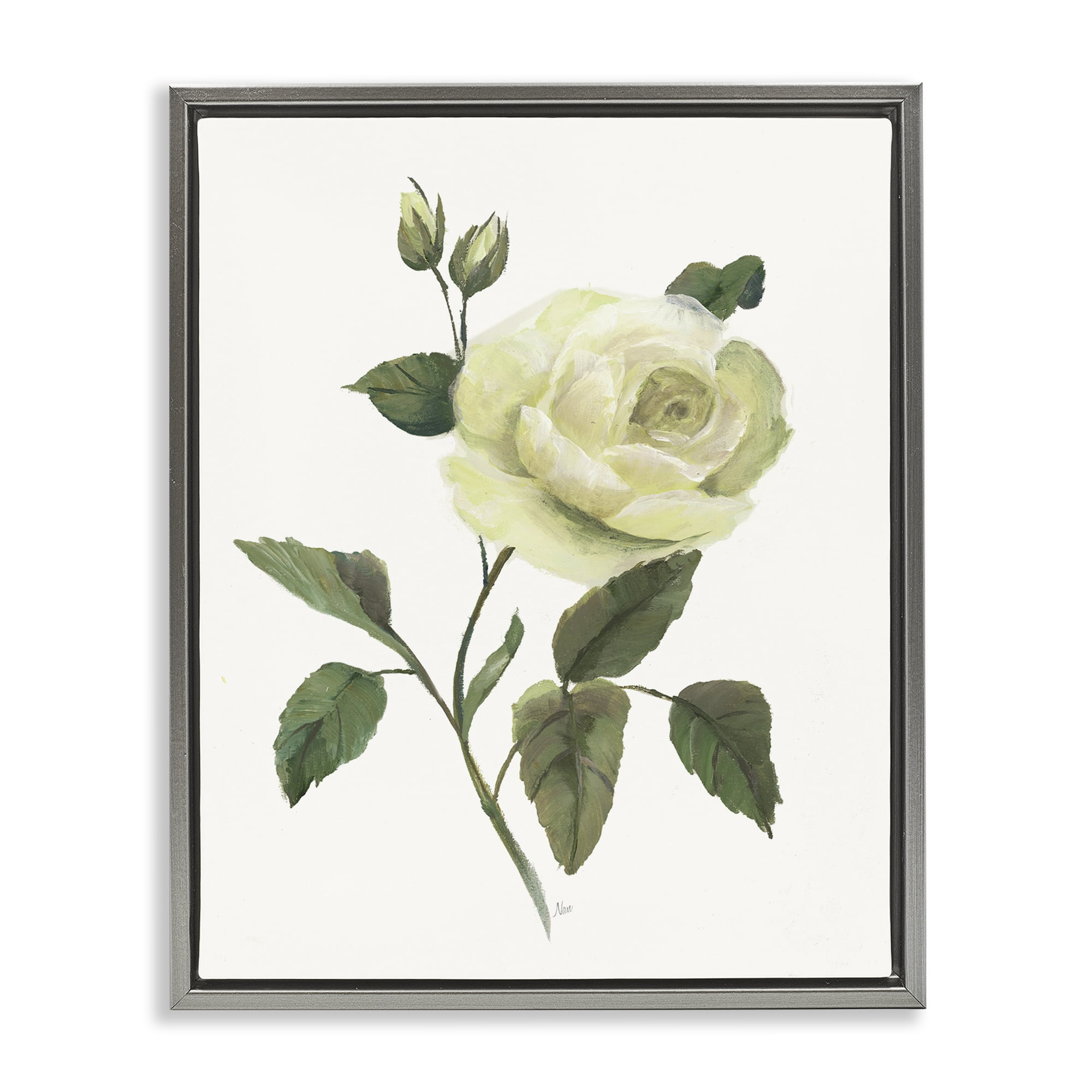 Stupell Industries Cream Garden Rose with Buds Gray Framed Floater Canvas Wall Art, design by Nan