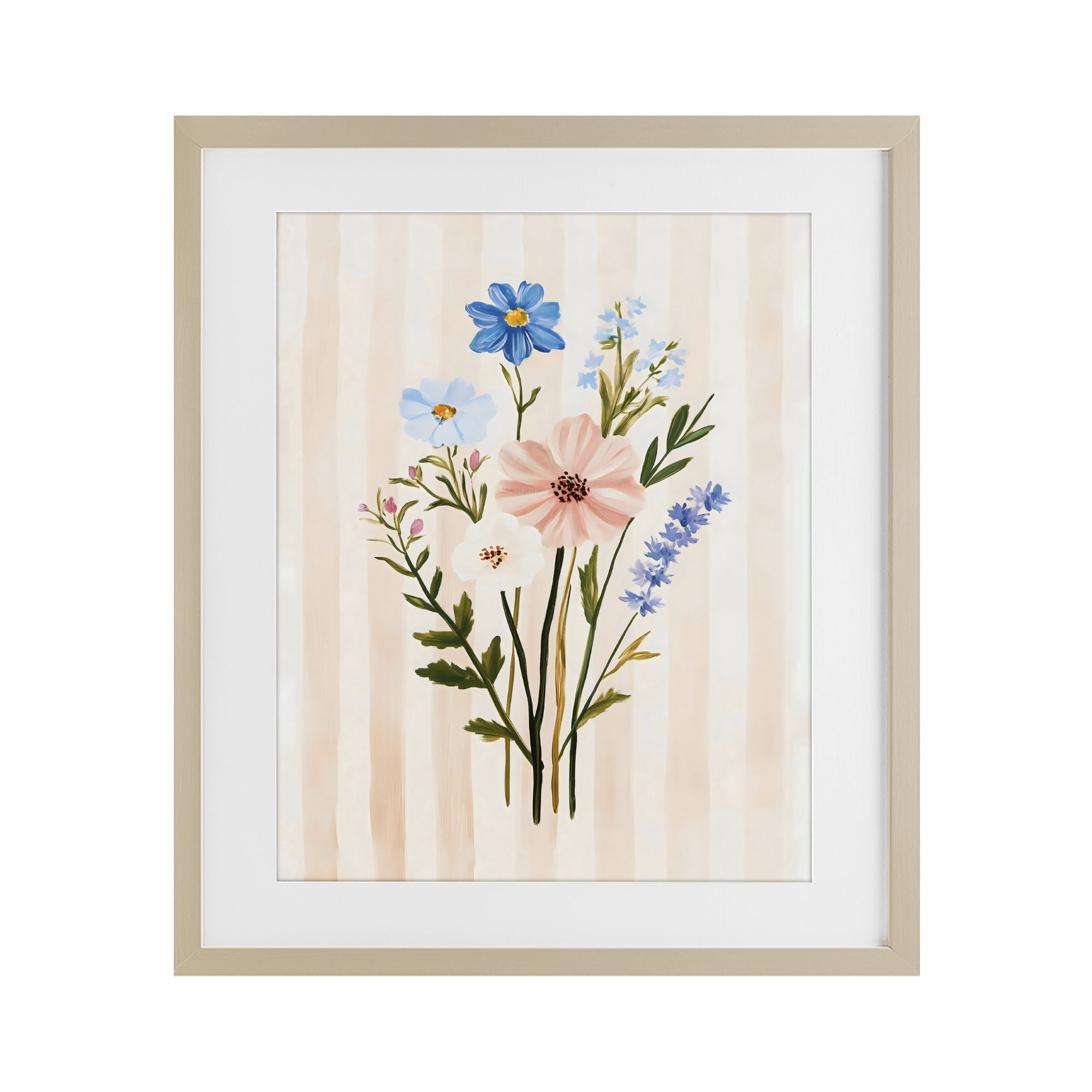 Stupell Industries Cream Stripe Florals Birch Framed Print Under Glass, design by The Prints Vibe