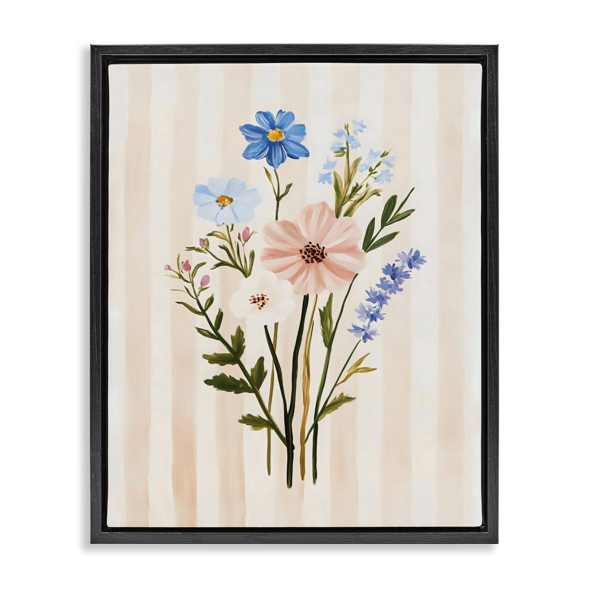 Stupell Industries Cream Stripe Florals Black Framed Floater Canvas Wall Art, design by The Prints Vibe