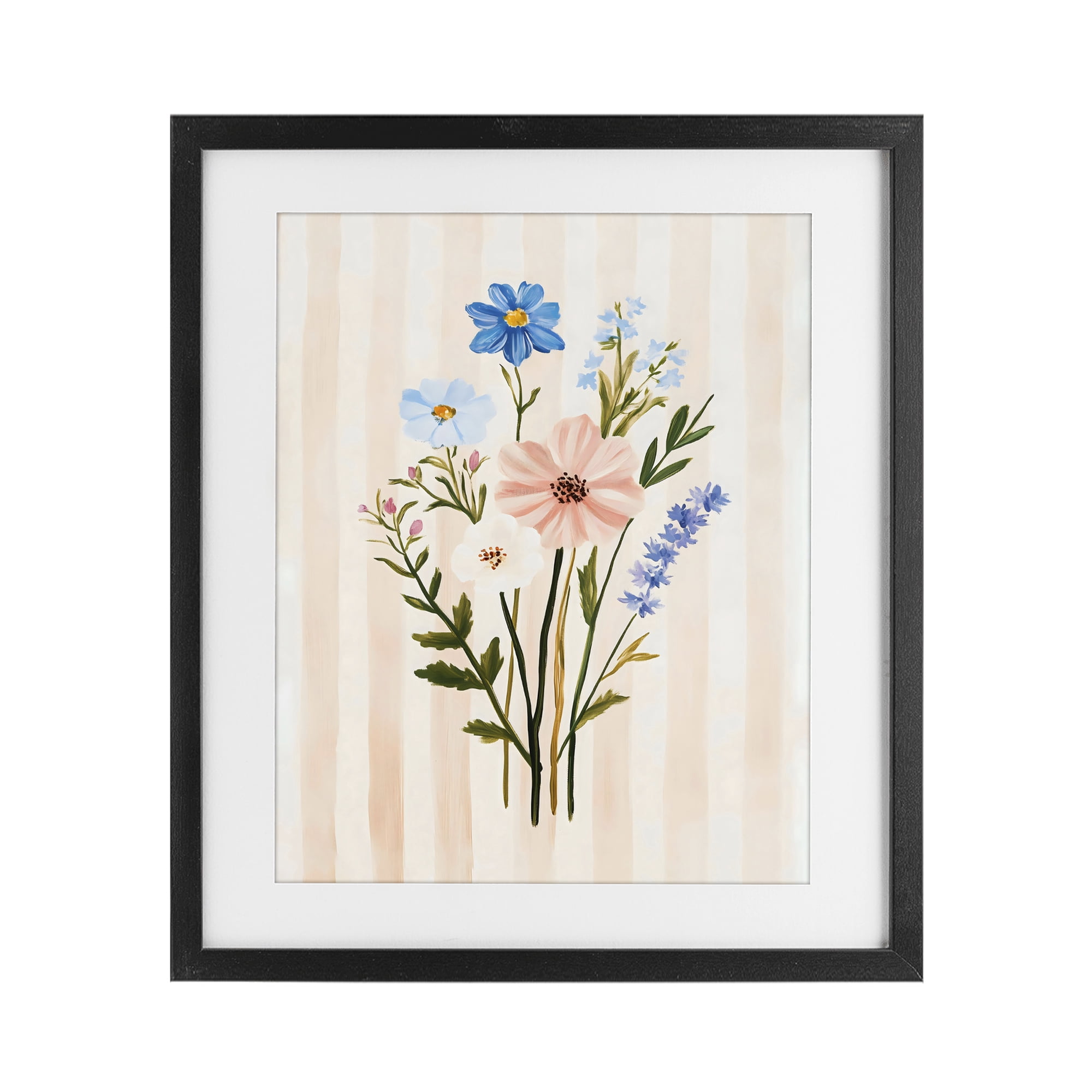 Stupell Industries Cream Stripe Florals Black Framed Print Under Glass, design by The Prints Vibe