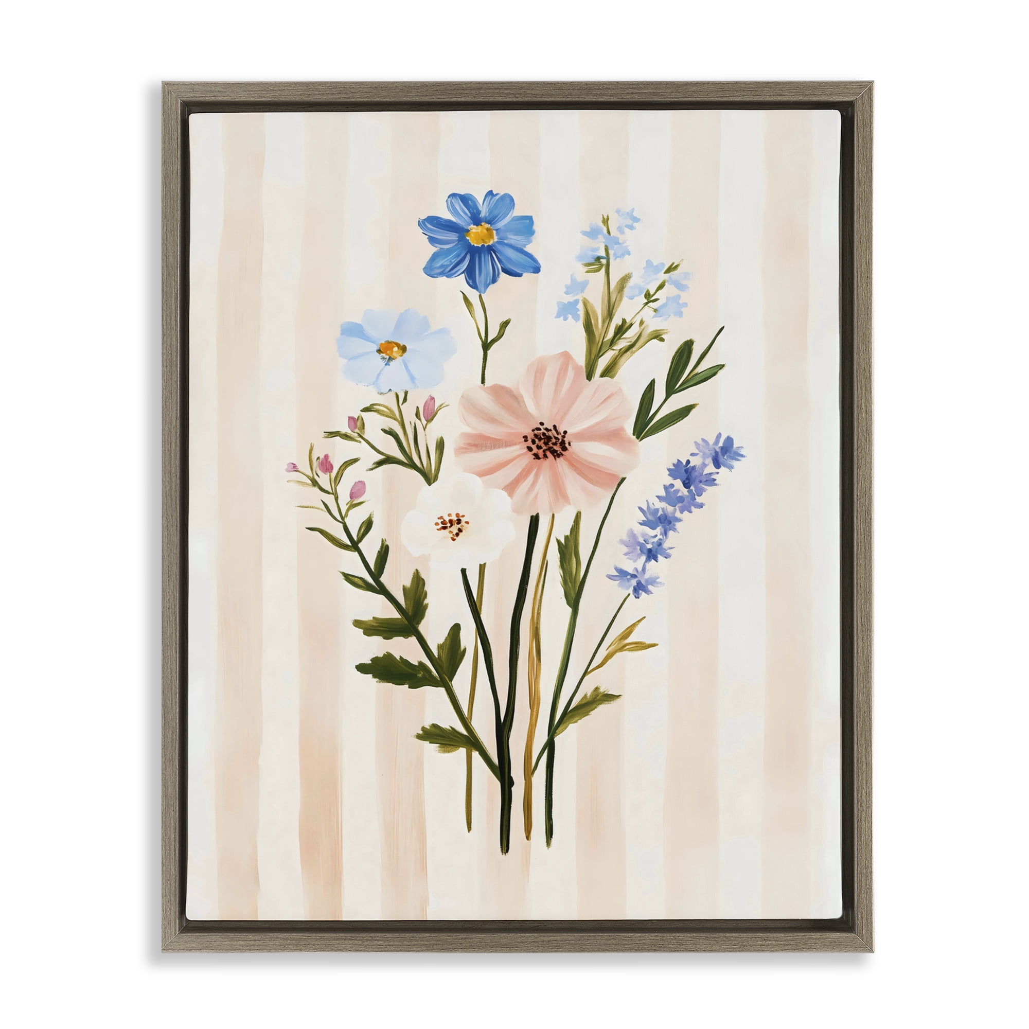 Stupell Industries Cream Stripe Florals Brown Framed Floater Canvas Wall Art, design by The Prints Vibe