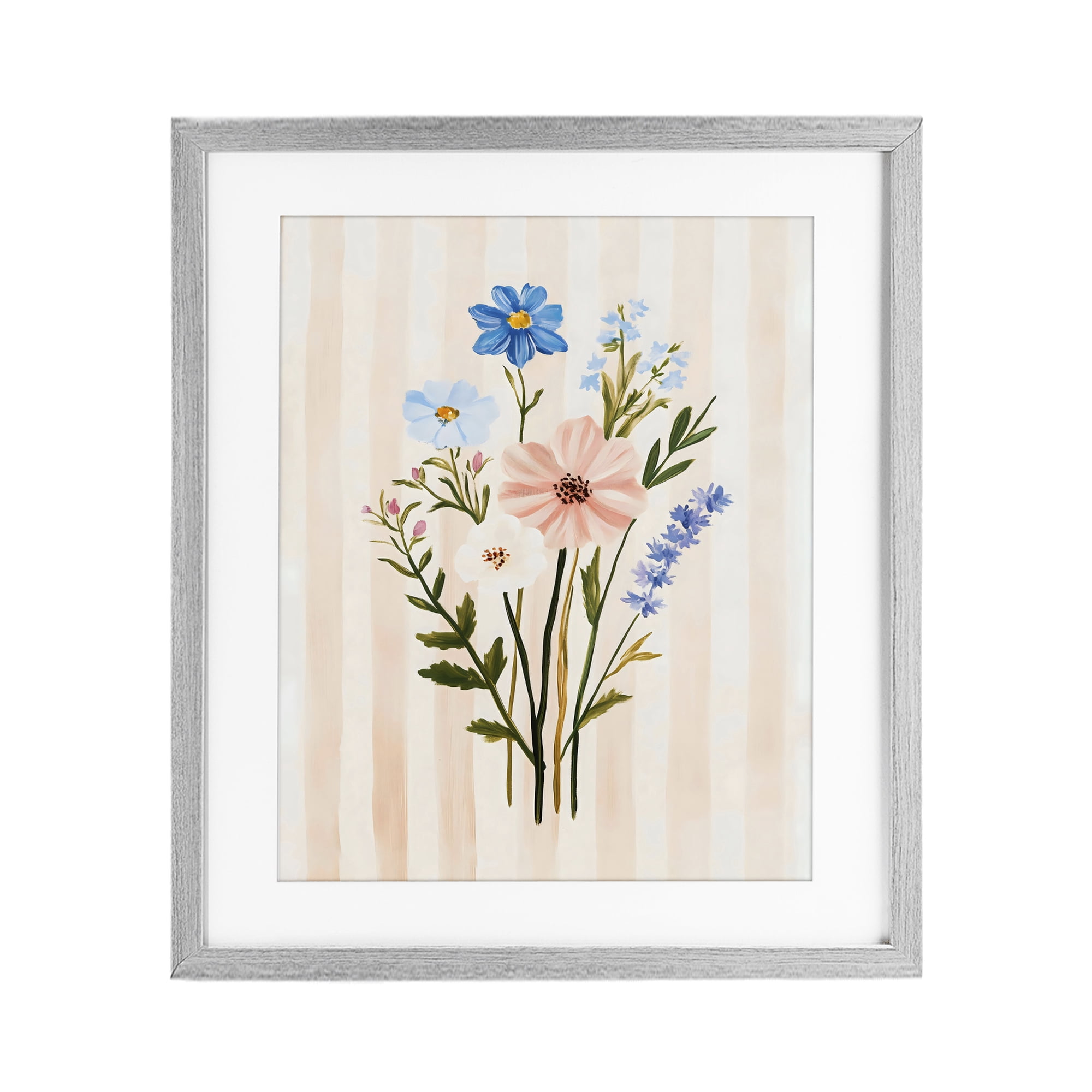 Stupell Industries Cream Stripe Florals Gray Framed Print Under Glass, design by The Prints Vibe