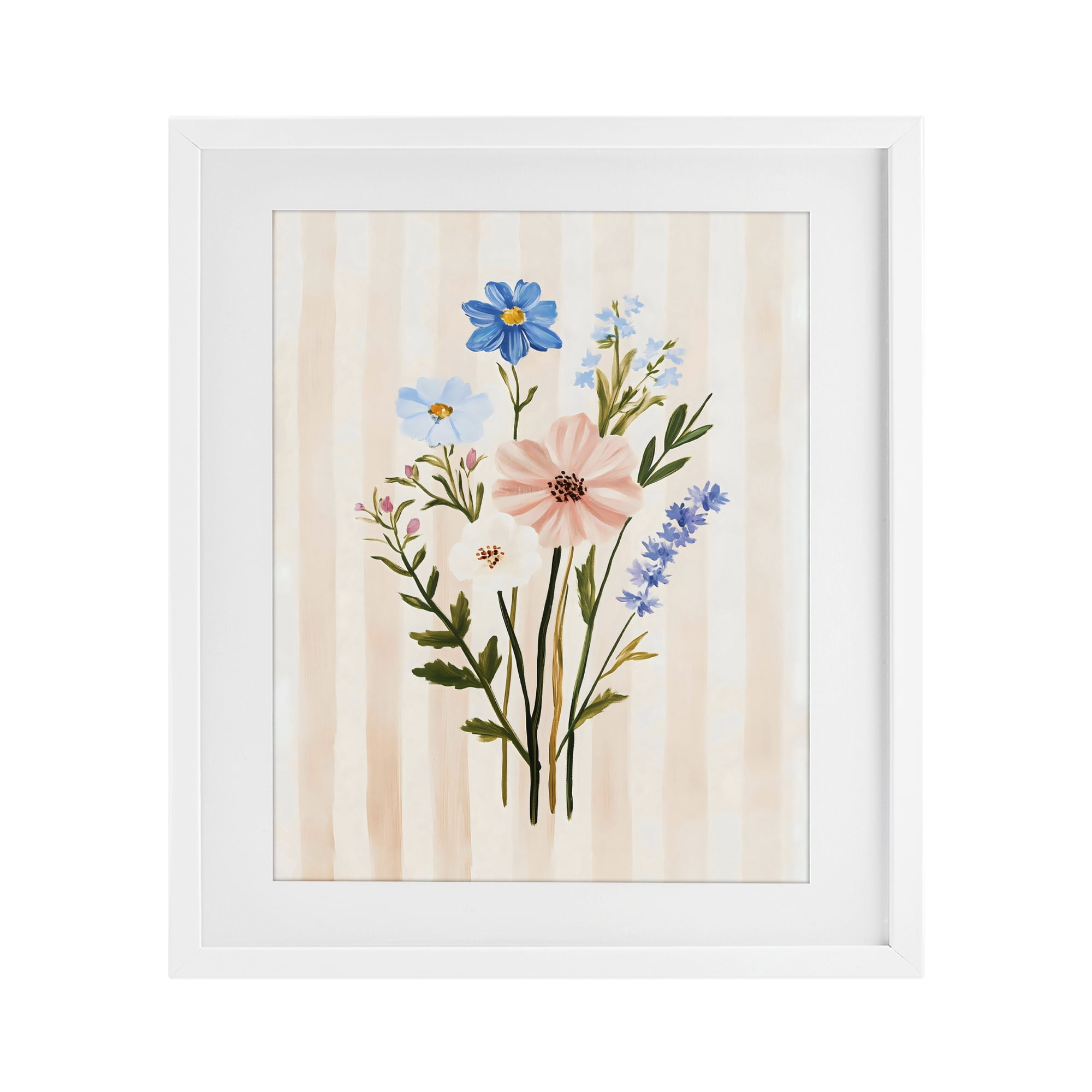 Stupell Industries Cream Stripe Florals White Framed Print Under Glass, design by The Prints Vibe