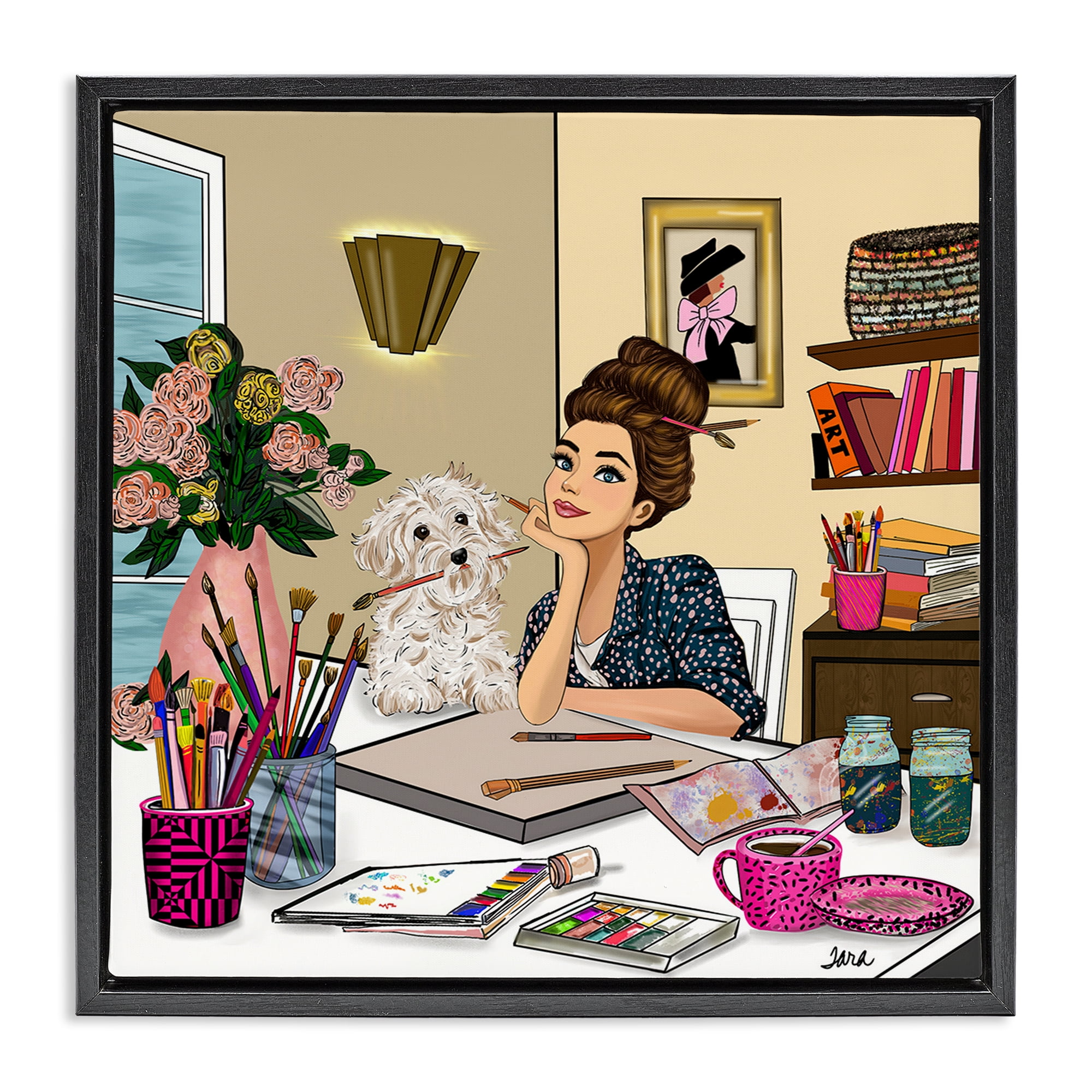 Stupell Industries Creative Art Girl at Desk Black Framed Floater Canvas Wall Art, design by Tara Boone
