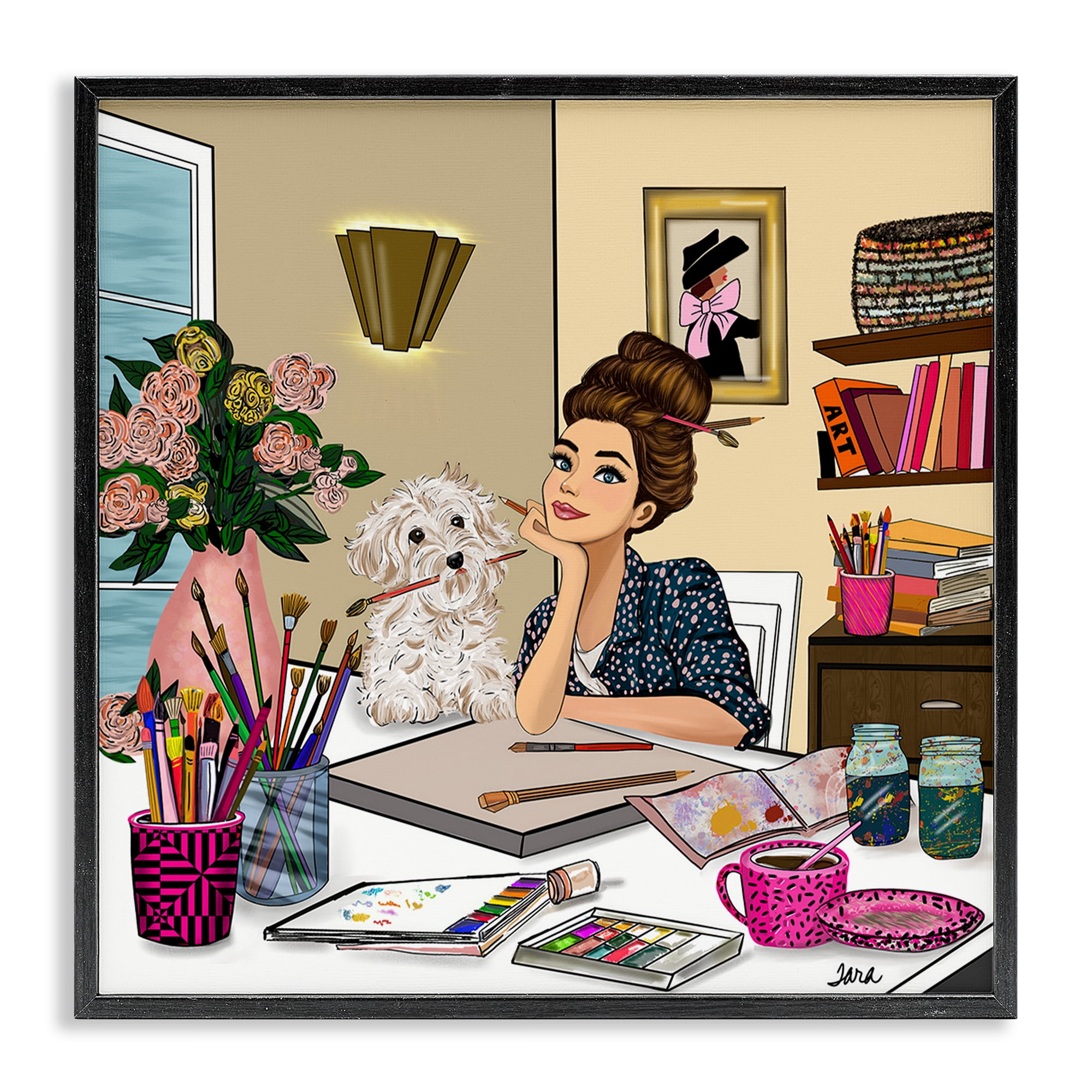 Stupell Industries Creative Art Girl at Desk Black Framed Giclee Art, design by Tara Boone