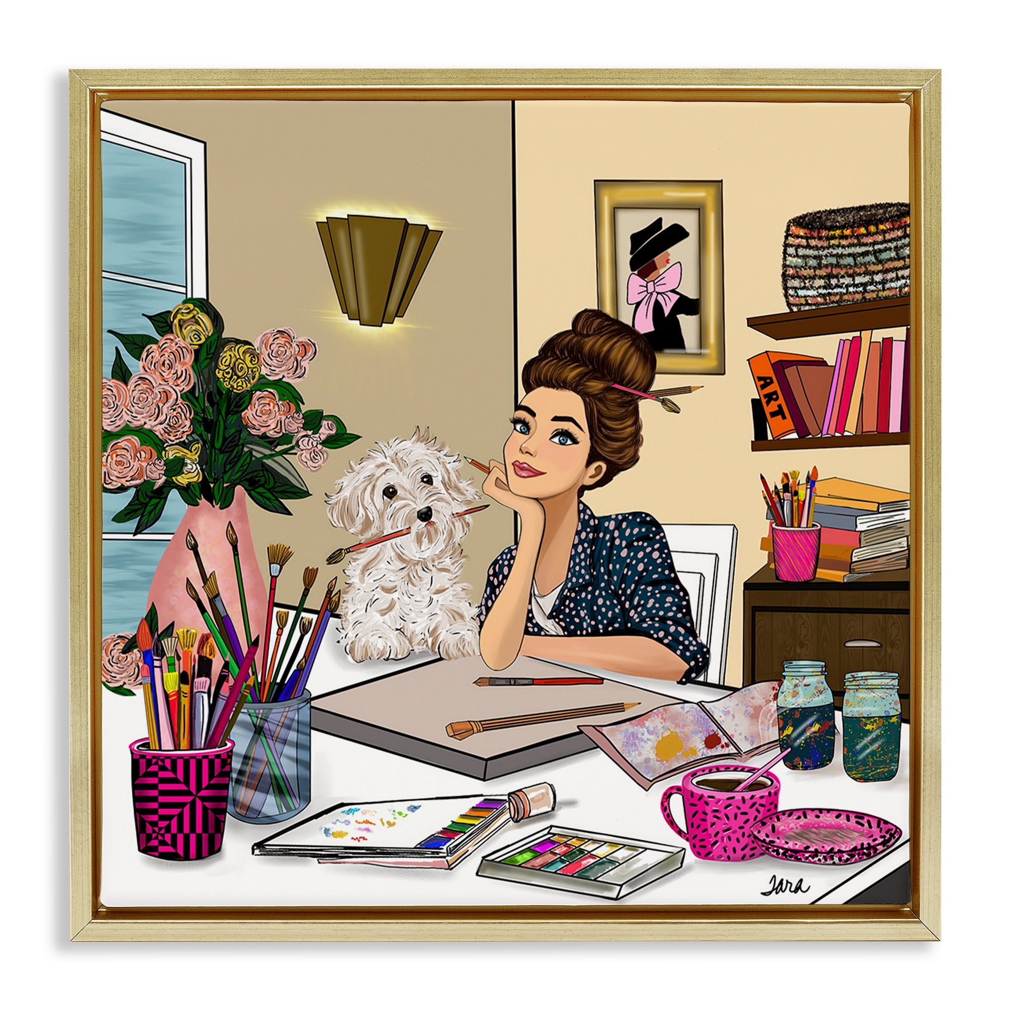 Stupell Industries Creative Art Girl at Desk Gold Framed Floater Canvas Wall Art, design by Tara Boone
