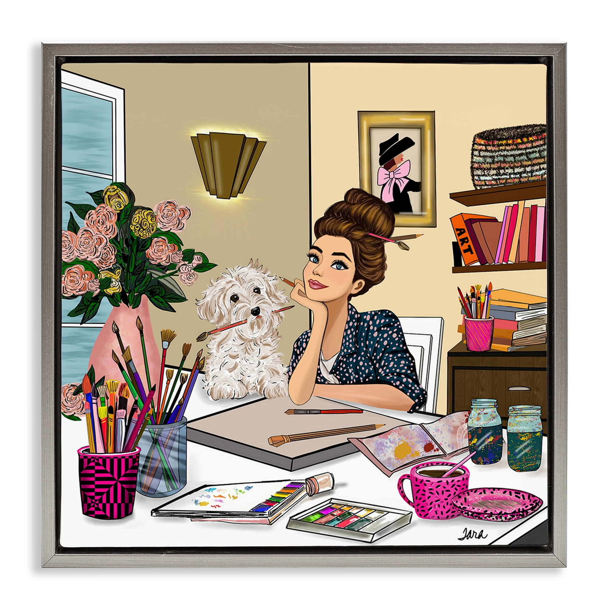 Stupell Industries Creative Art Girl at Desk Gray Framed Floater Canvas Wall Art, design by Tara Boone