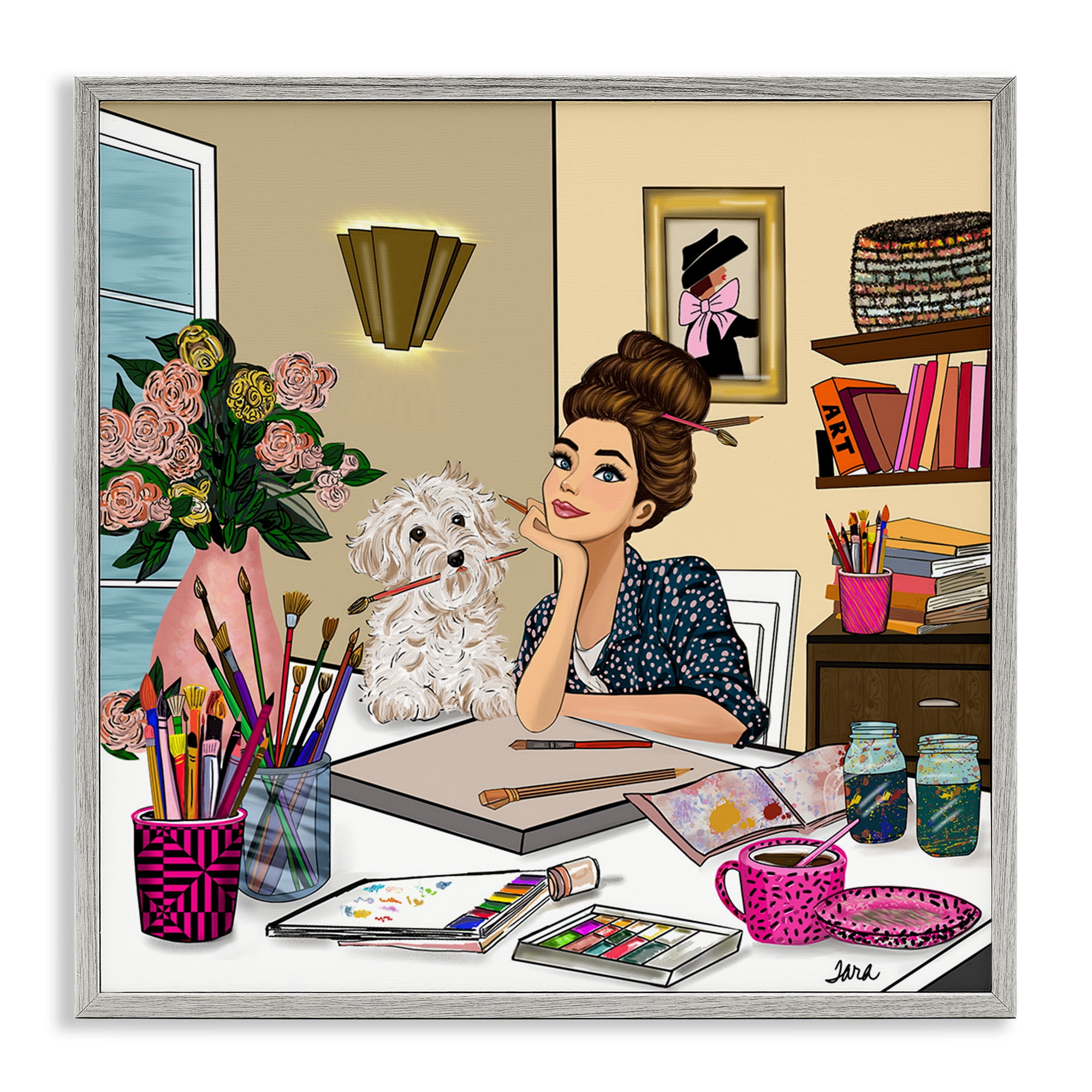 Stupell Industries Creative Art Girl at Desk Gray Framed Giclee Art, design by Tara Boone