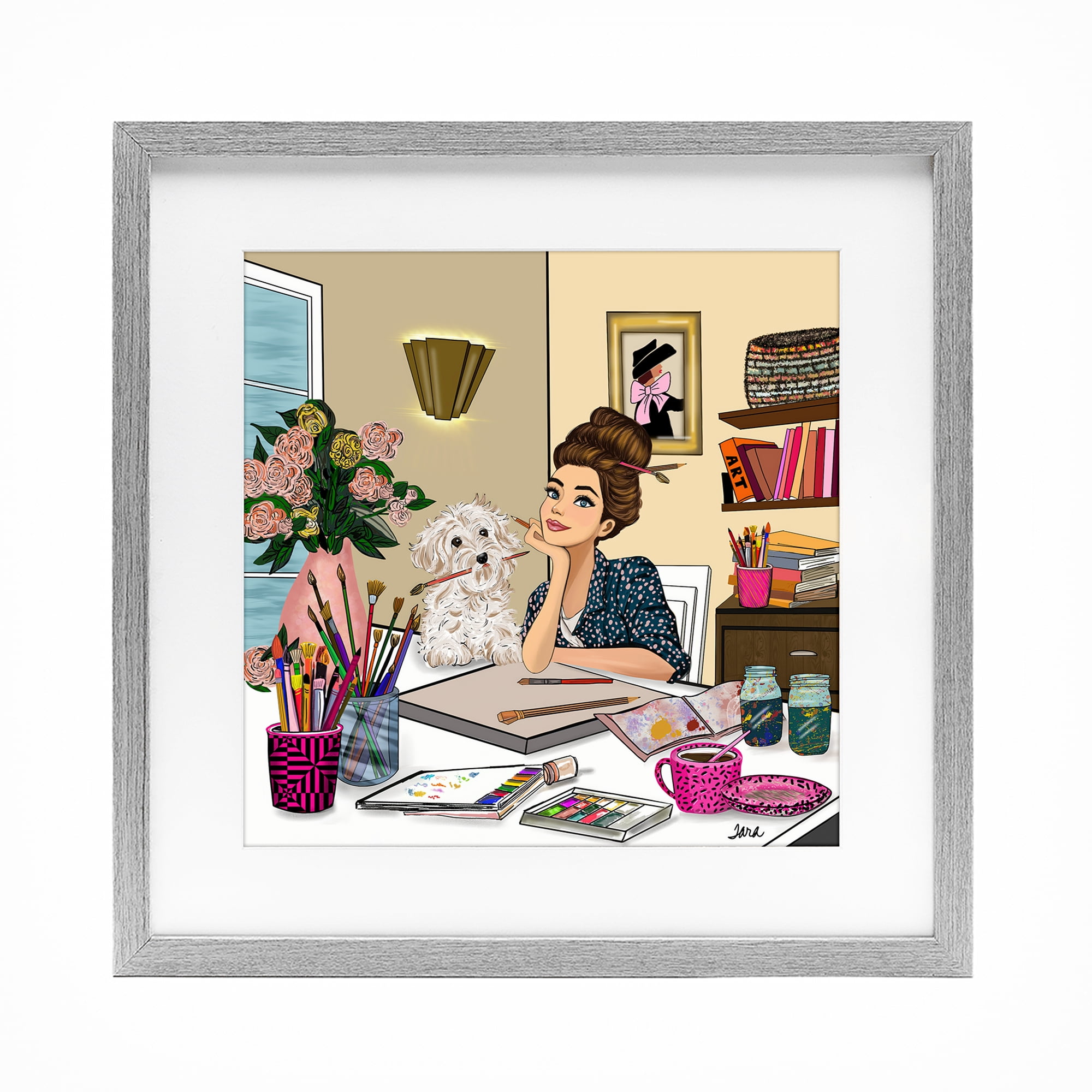 Stupell Industries Creative Art Girl at Desk Gray Framed Print Under Glass, design by Tara Boone
