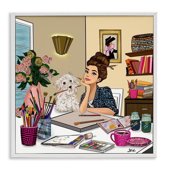 Stupell Industries Contemporary Creative Art Girl at Desk White Framed Giclee Art, 12 x 12, by Tara Boone