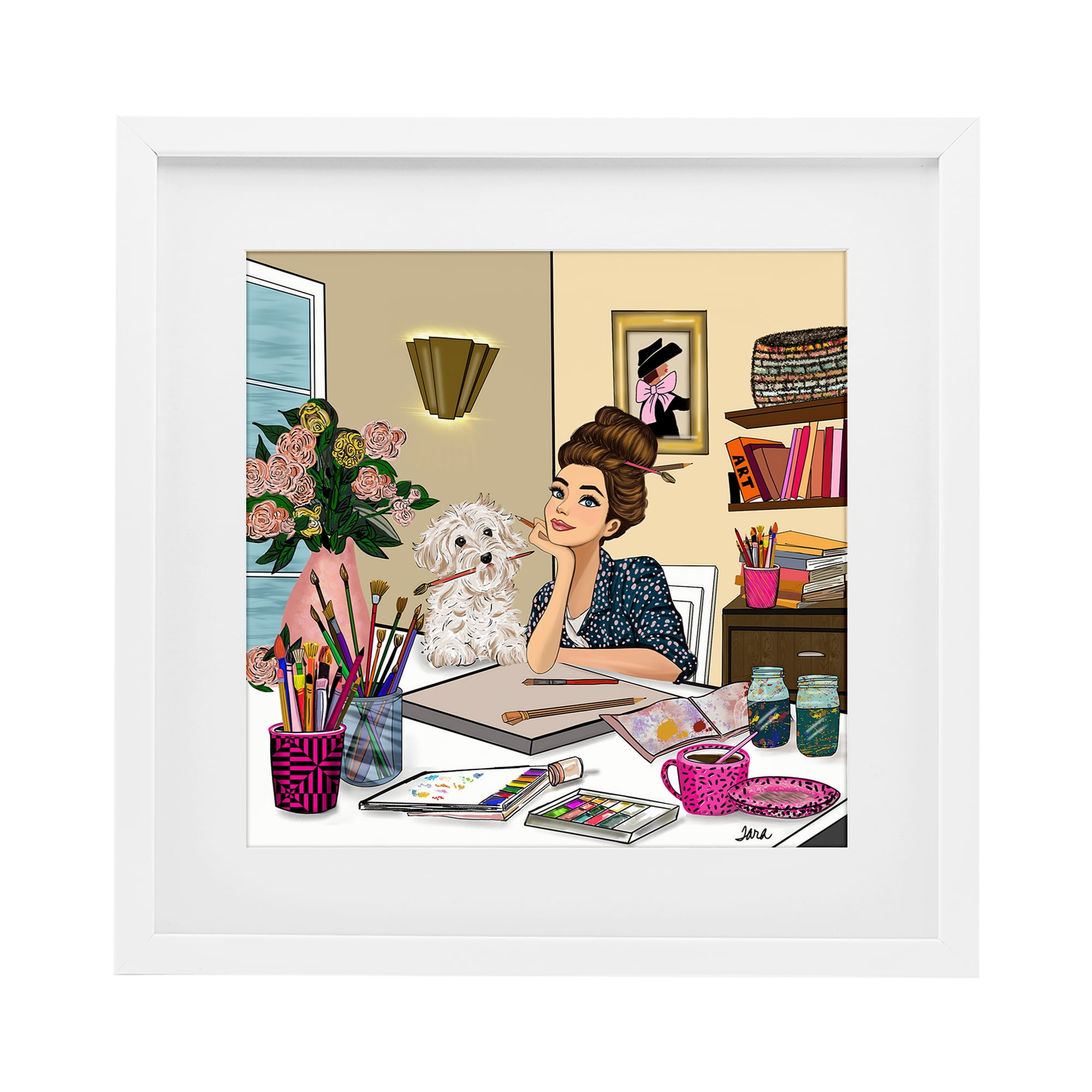 Stupell Industries Creative Art Girl at Desk White Framed Print Under Glass, design by Tara Boone