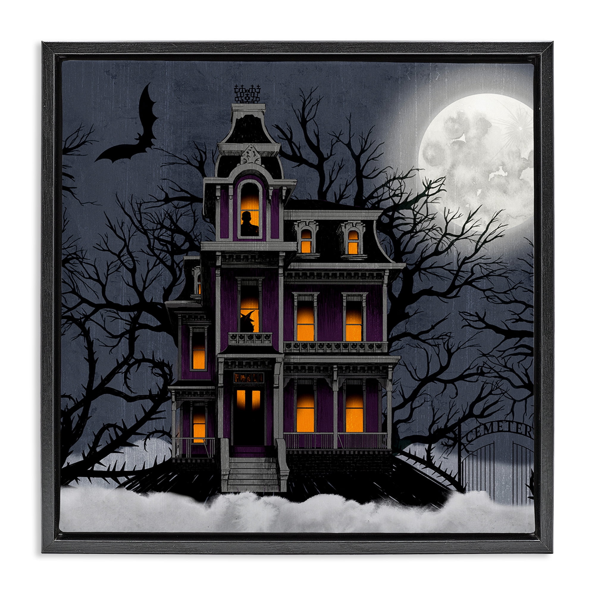 Stupell Industries Creepy Haunted Halloween House Holiday Painting Black Floater Framed Canvas Art Print Wall Art, 25 x 25