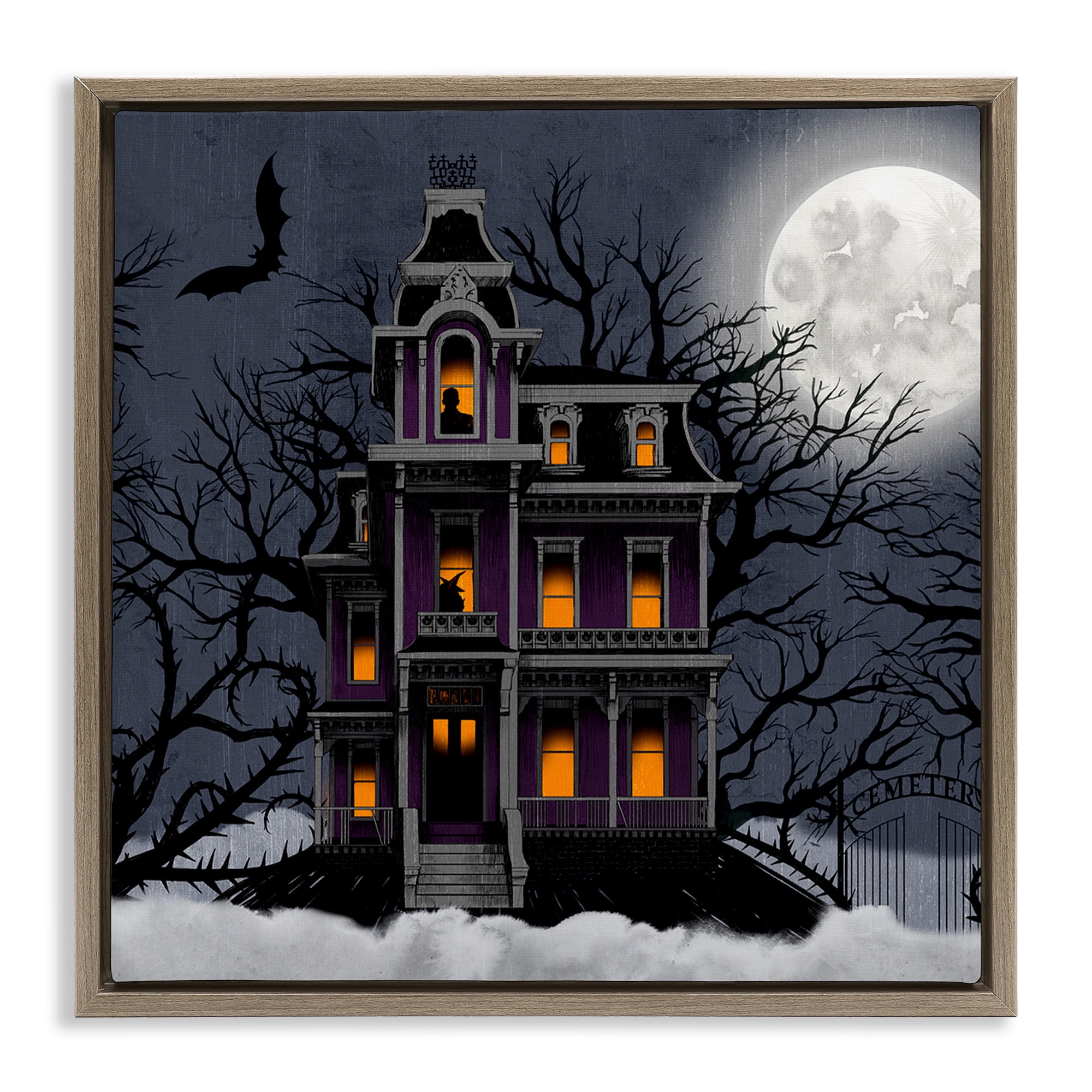 Stupell Industries Creepy Haunted Halloween House Holiday Painting Brown Floater Framed Canvas Art Print Wall Art, 25 x 25