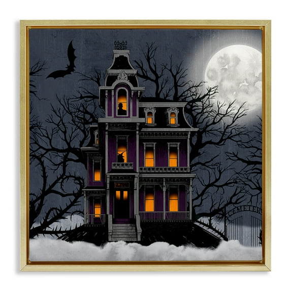 Stupell Industries Creepy Haunted Halloween House Holiday Painting Gold Floater Framed Canvas Art Print Wall Art, 18 x 18