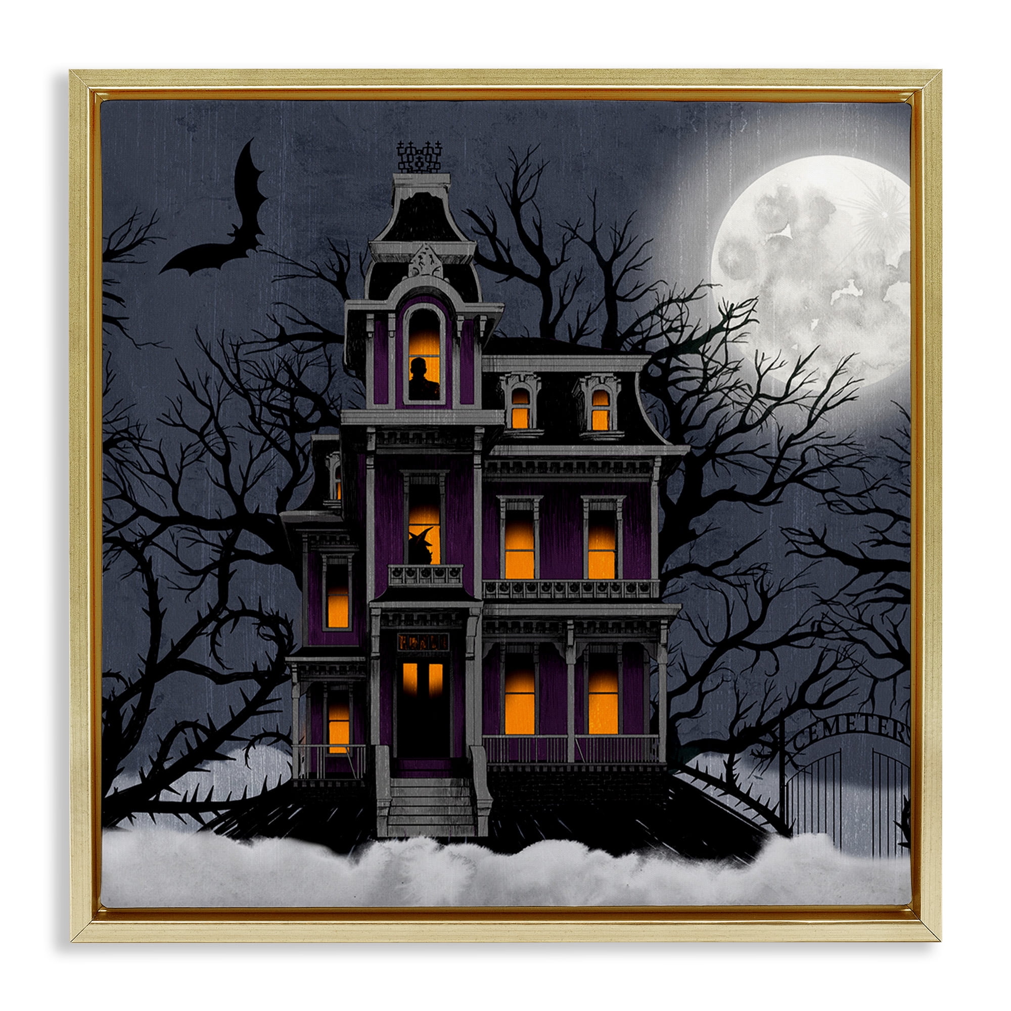 Stupell Industries Creepy Haunted Halloween House Holiday Painting Gold Floater Framed Canvas Art Print Wall Art, 25 x 25
