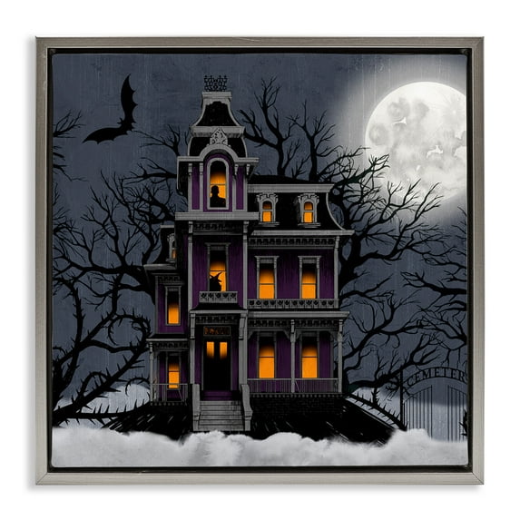 Stupell Industries Creepy Haunted Halloween House Holiday Painting Gray Floater Framed Canvas Art Print Wall Art, 25 x 25