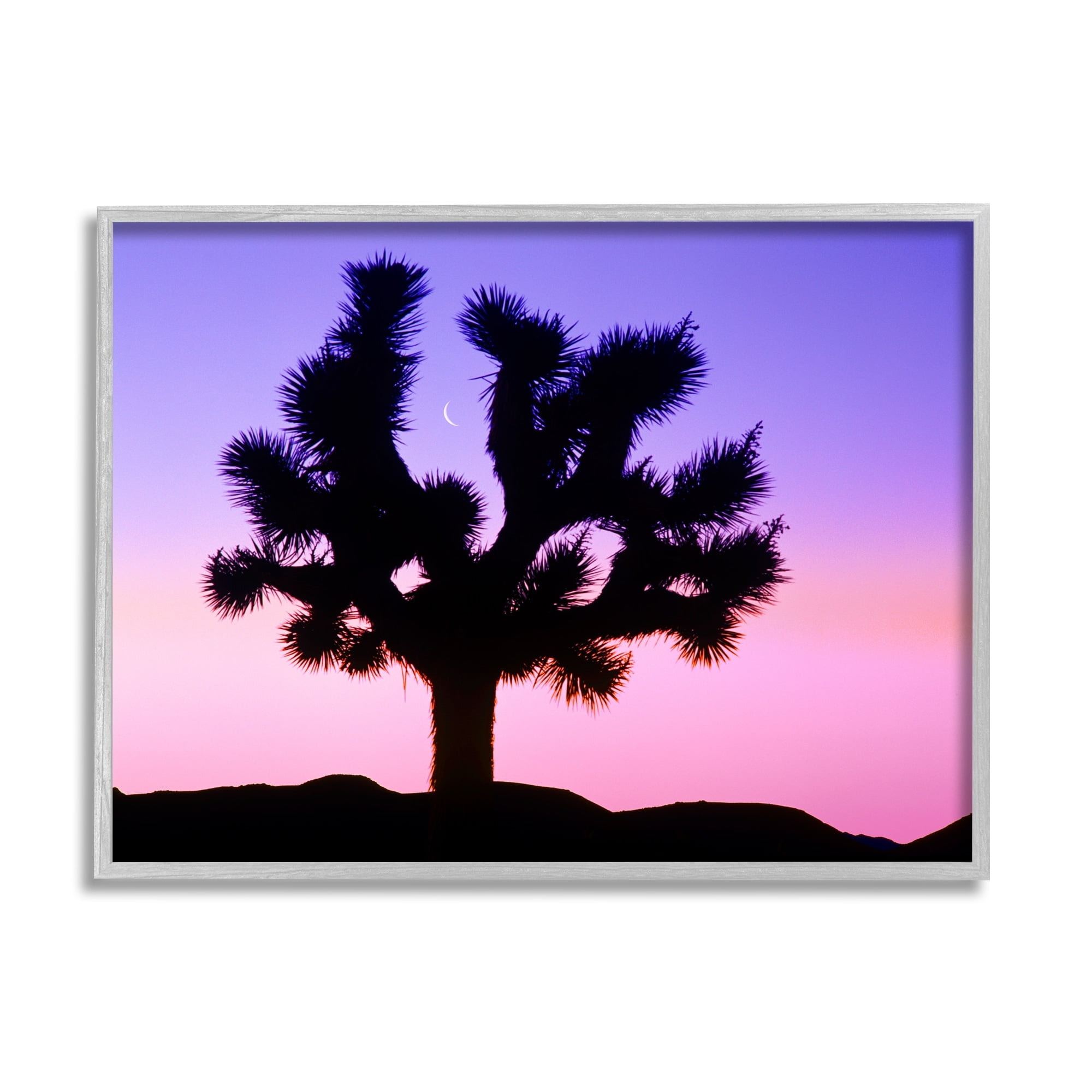 Gray Framed Landscape Canvas Print with Crescent Moon Tree Silhouette